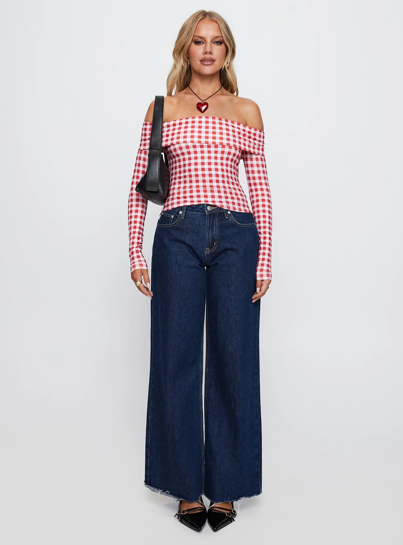 Singular Off The Shoulder Long Sleeve Top Red Check - Image 7