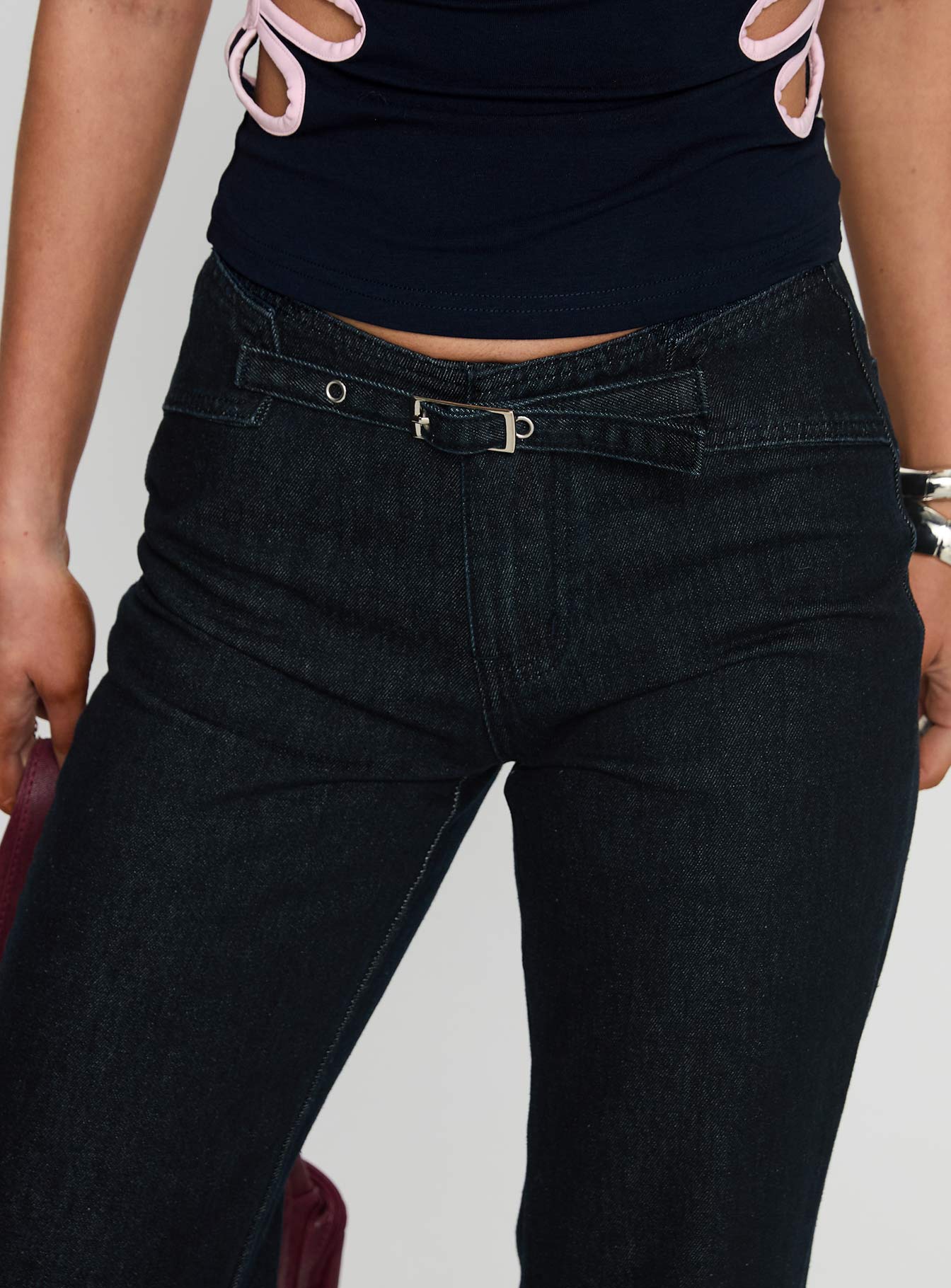 Slow Ride Mid Rise Bootleg Belted Jeans Dark Indigo Blue - Image 6