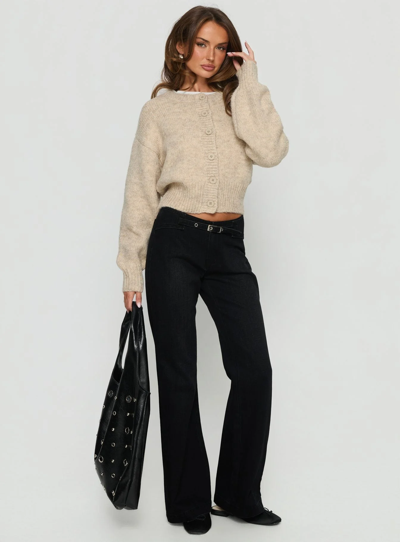 Slow Ride Mid Rise Bootleg Belted Jeans Washed Black - Image 3