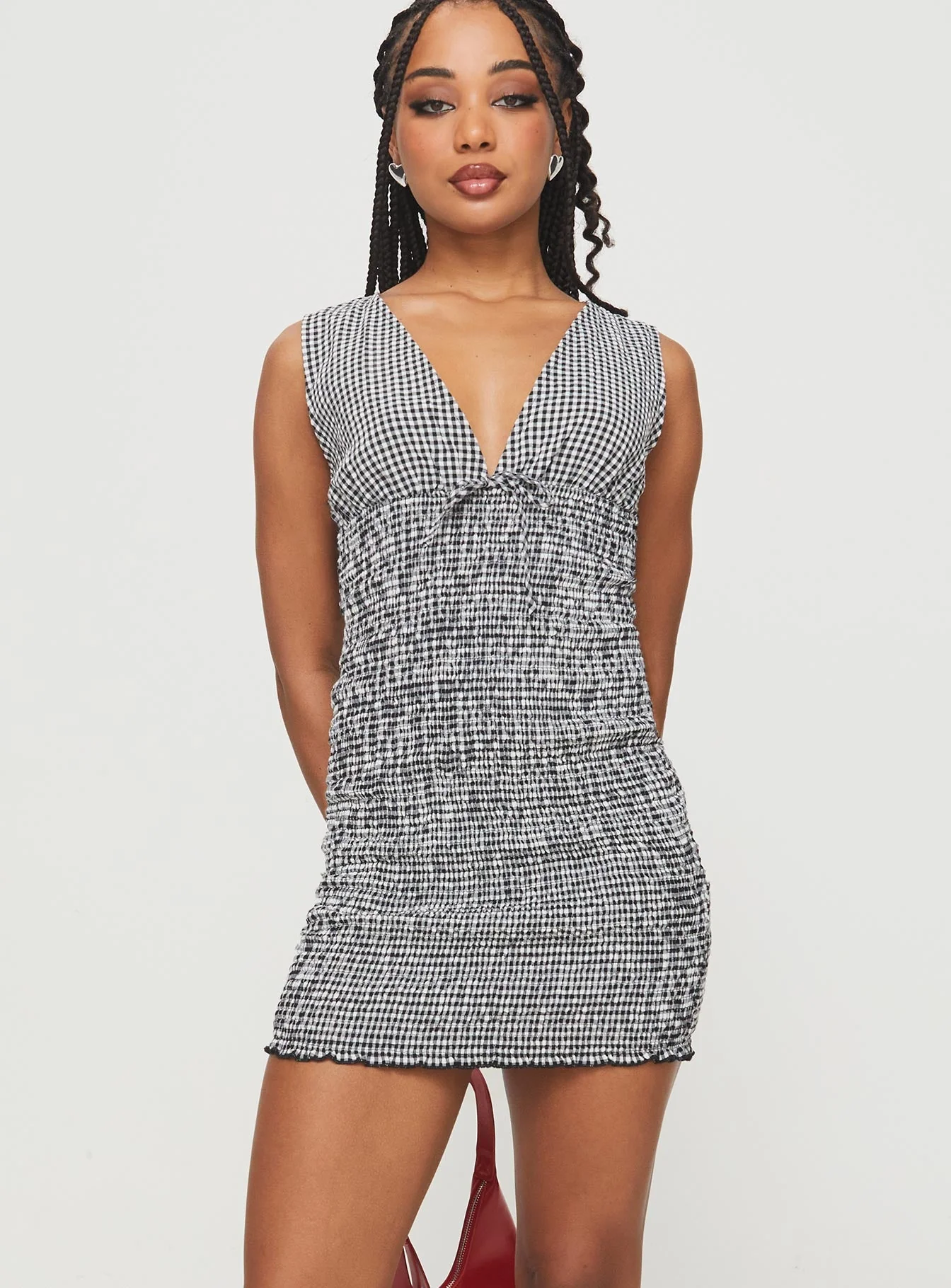 Solving Shirred Mini Dress Black Gingham - Image 2