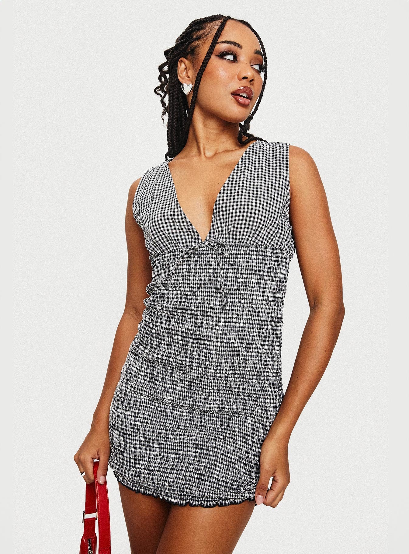 Solving Shirred Mini Dress Black Gingham - Image 8