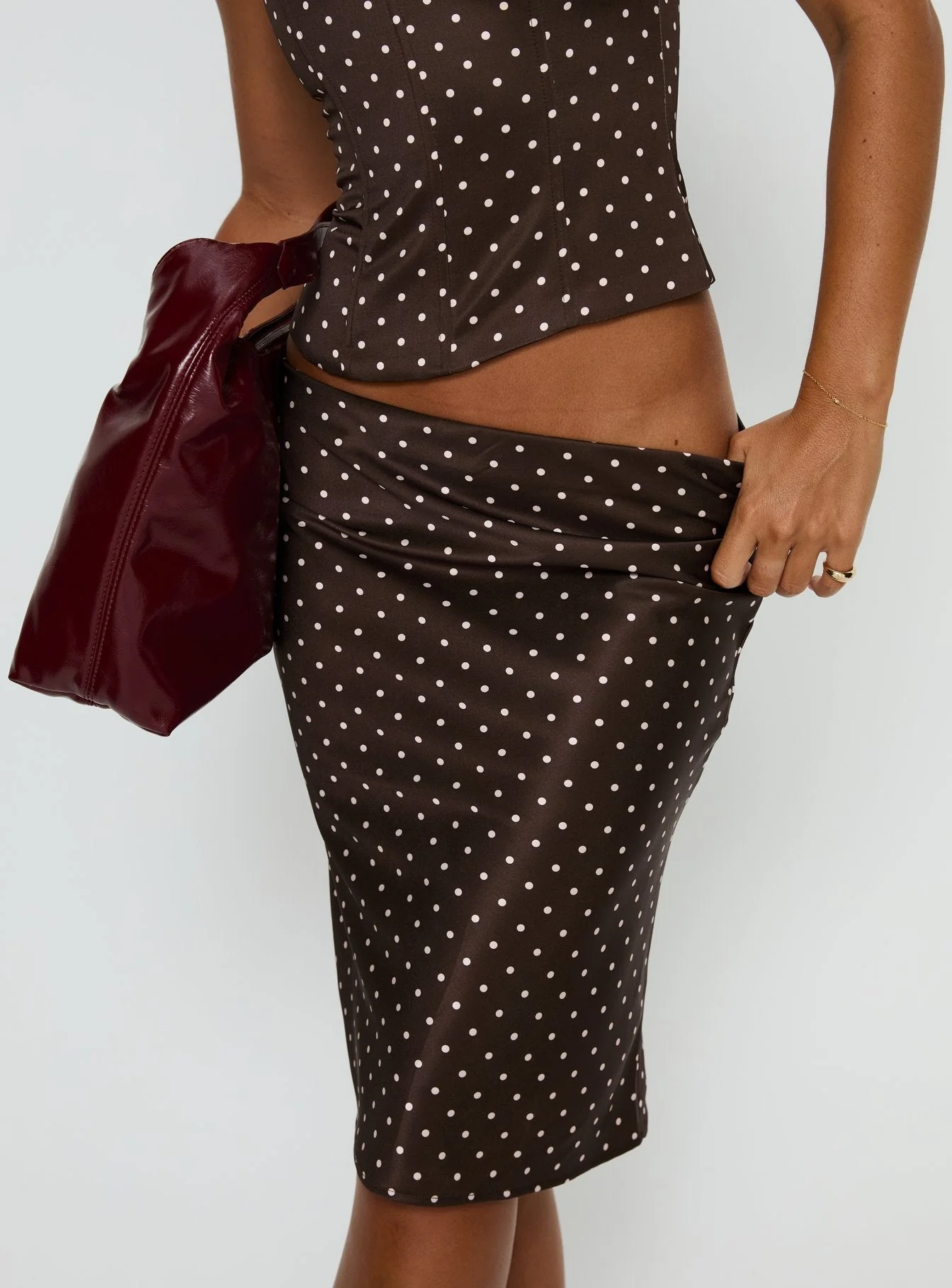 Somani Satin Midi Skirt Brown / Pink Polka Dot - Image 7