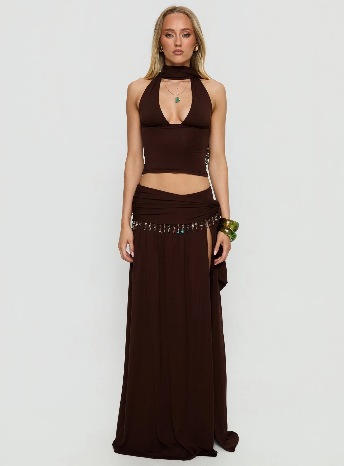Spirita Beaded Sarong Maxi Skirt Brown - Image 7