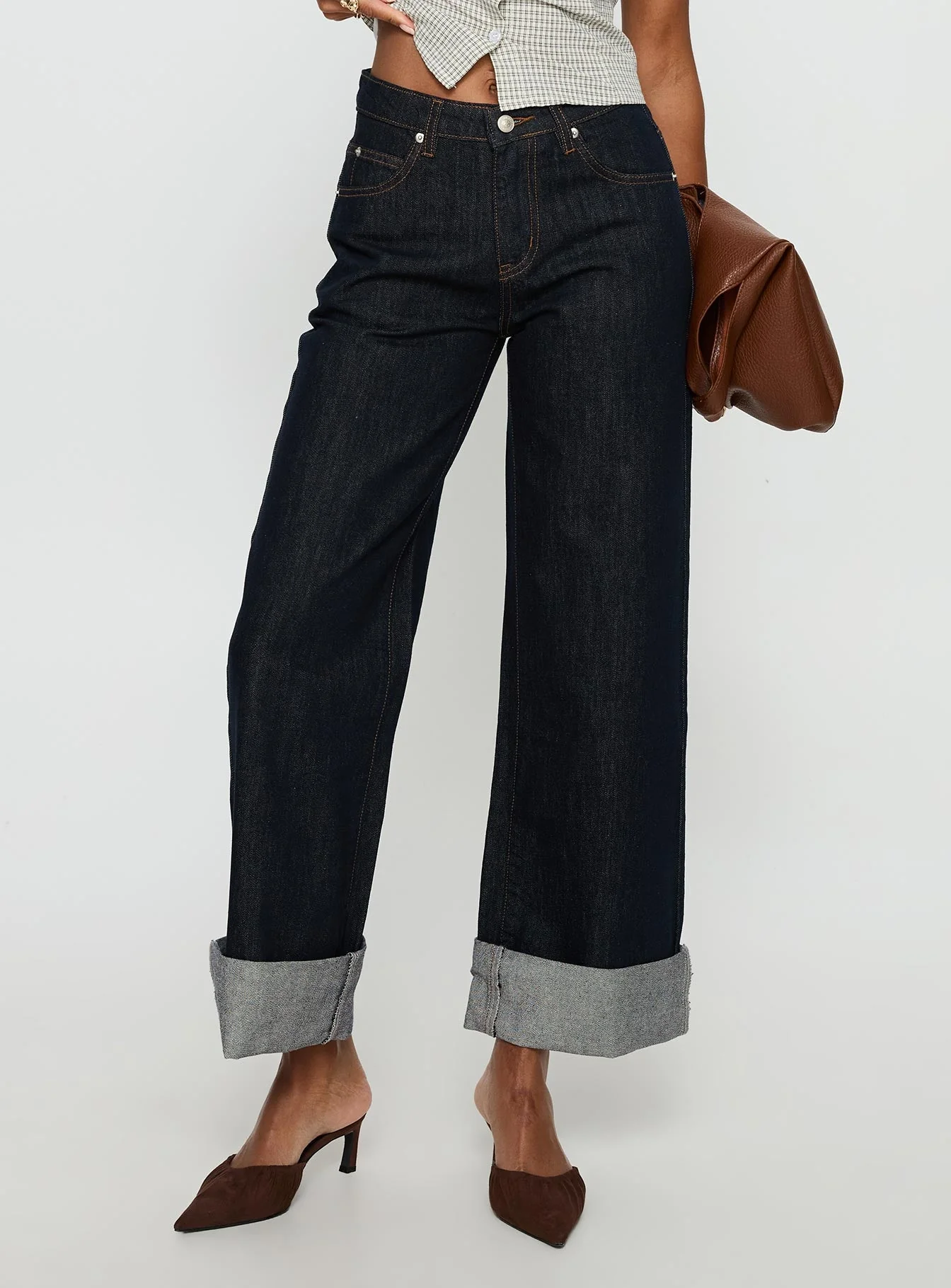 Squire Mid Rise Straight Leg Folded Hem Jeans Indigo Wash - Image 2