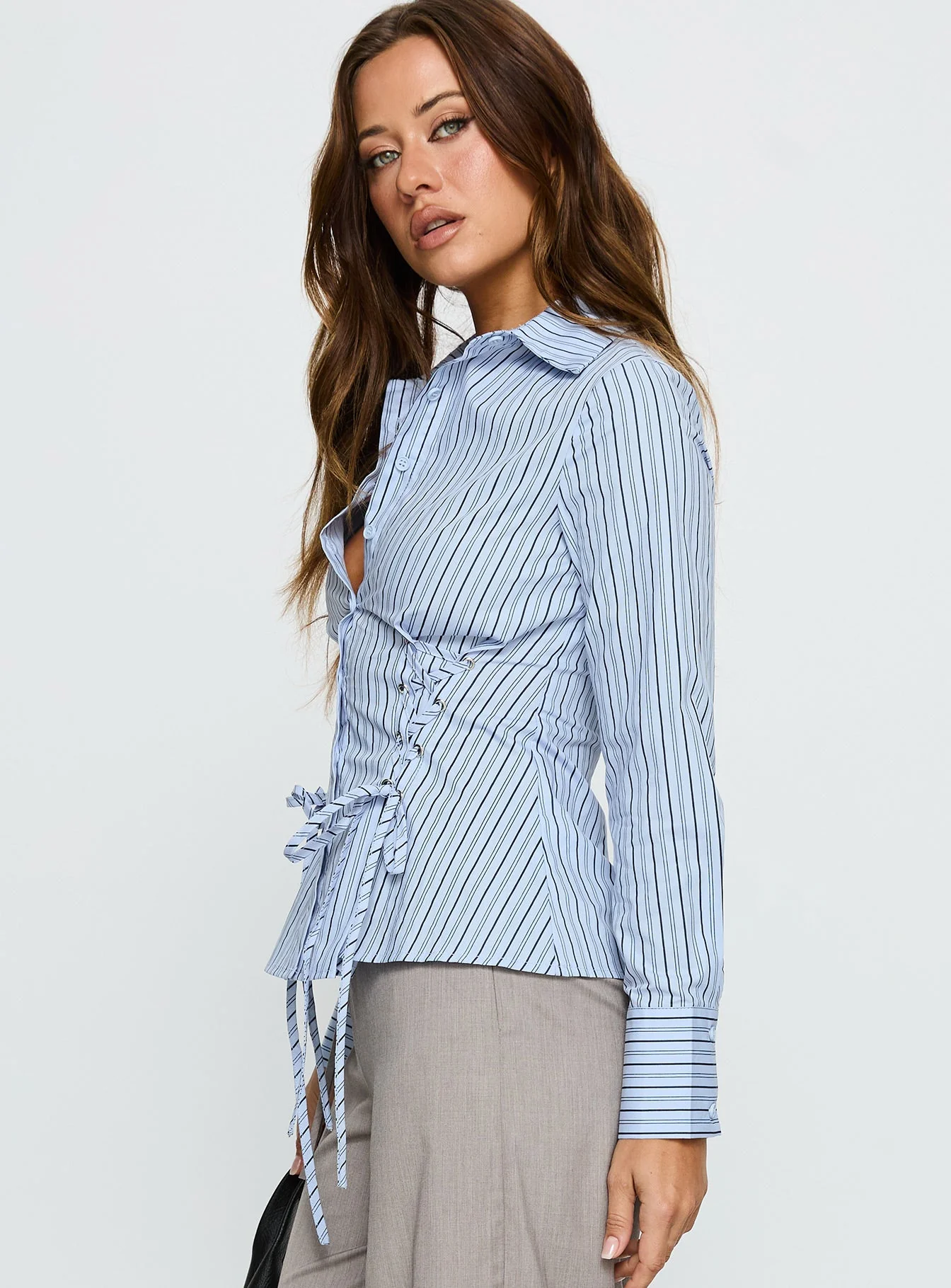 Sunisa Tie Detail Long Sleeve Top Blue Stripe - Image 3