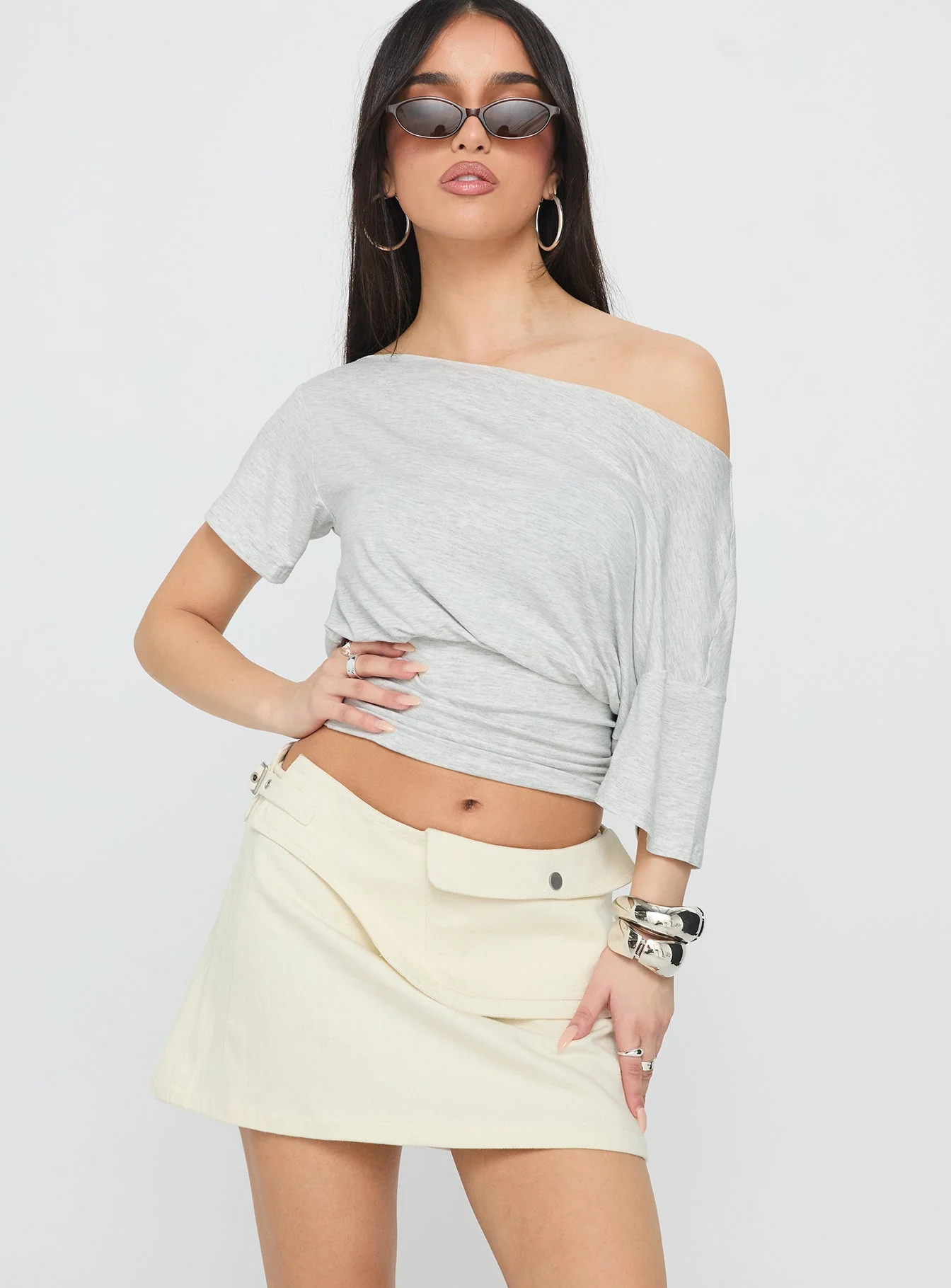 Supersonic Belted Denim Mini Skirt Ivory - Image 2