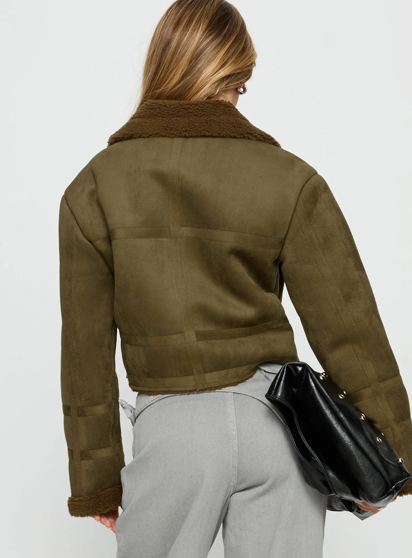 Swooning Cropped Faux Suede Jacket Green - Image 4