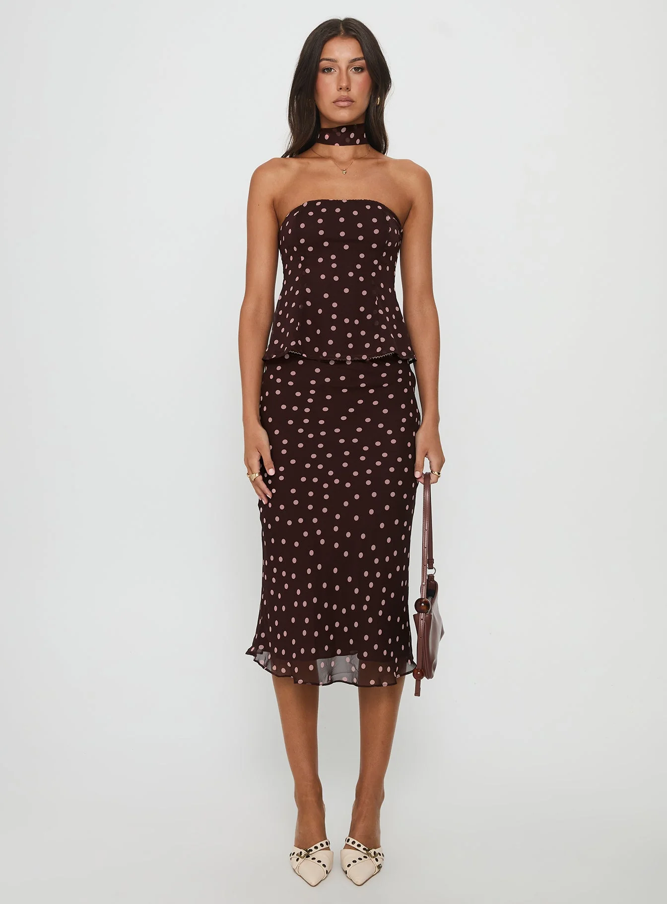 Sydni Midi Bias Cut Skirt Chocolate / Pink Polka - Image 7