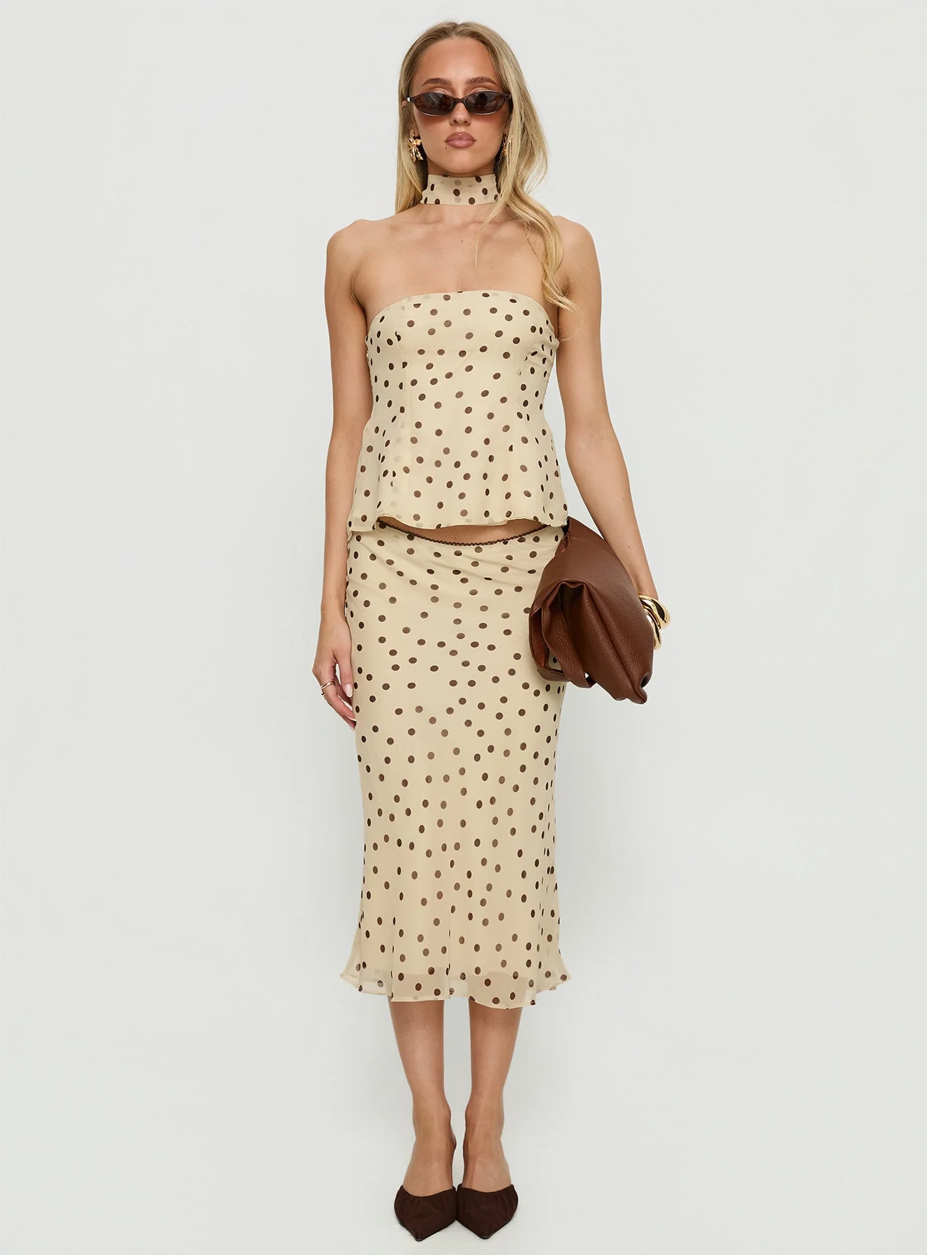 Sydni scarf detail strapless top Yellow / Chocolate Polka Dot - Image 7