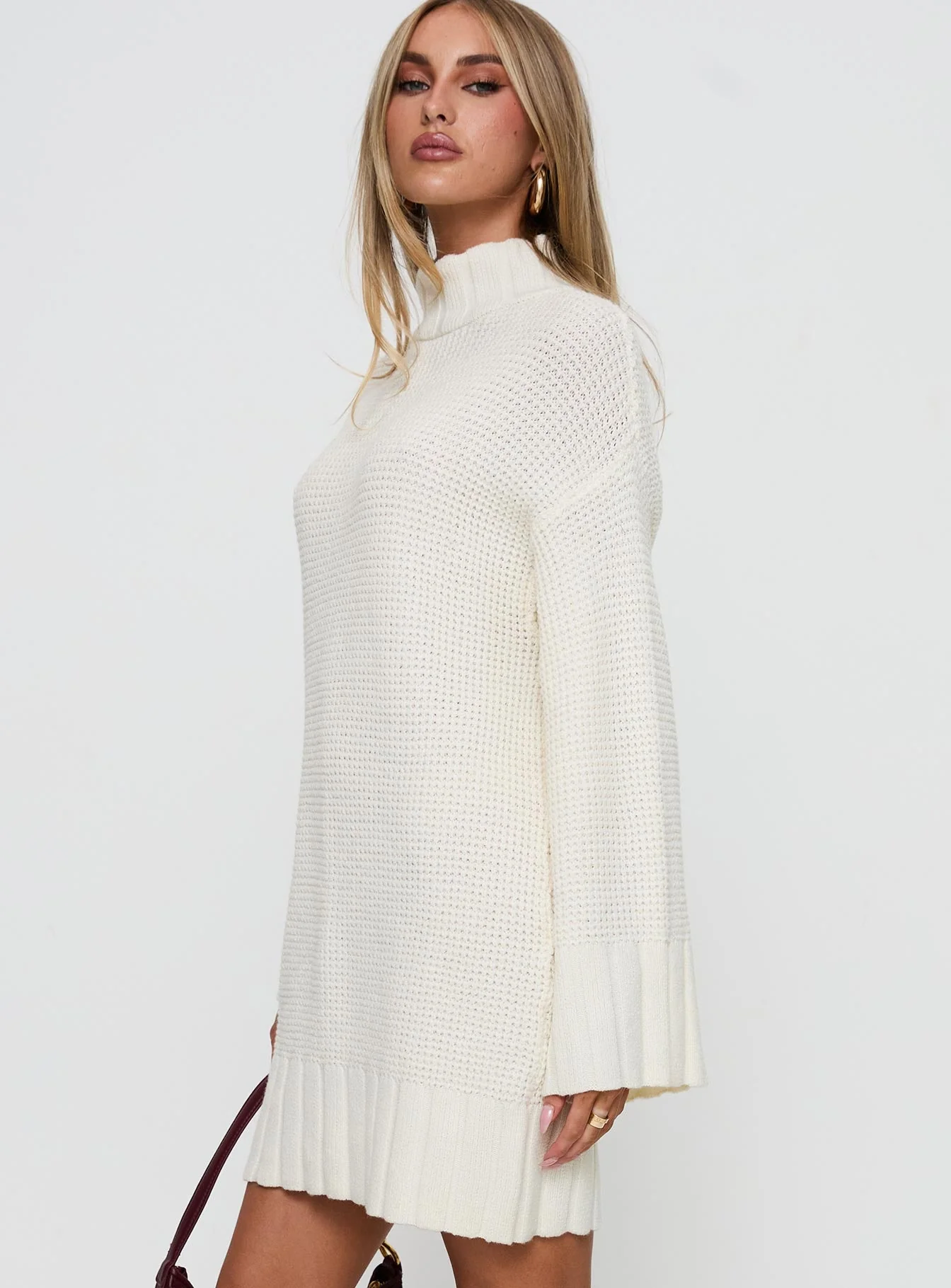 Tarin Long Sleeve Knit Mini Dress Cream - Image 4