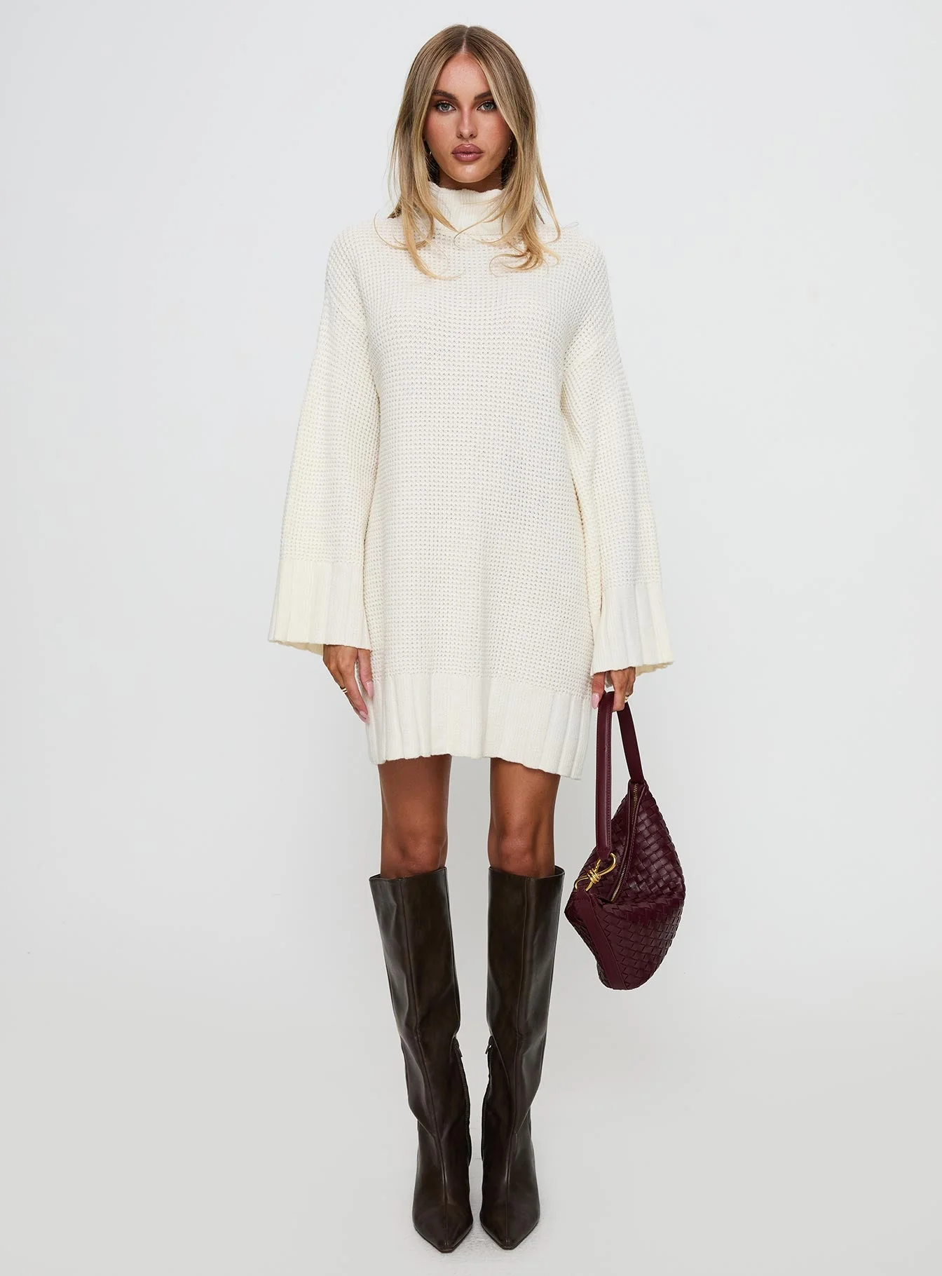 Tarin Long Sleeve Knit Mini Dress Cream - Image 7