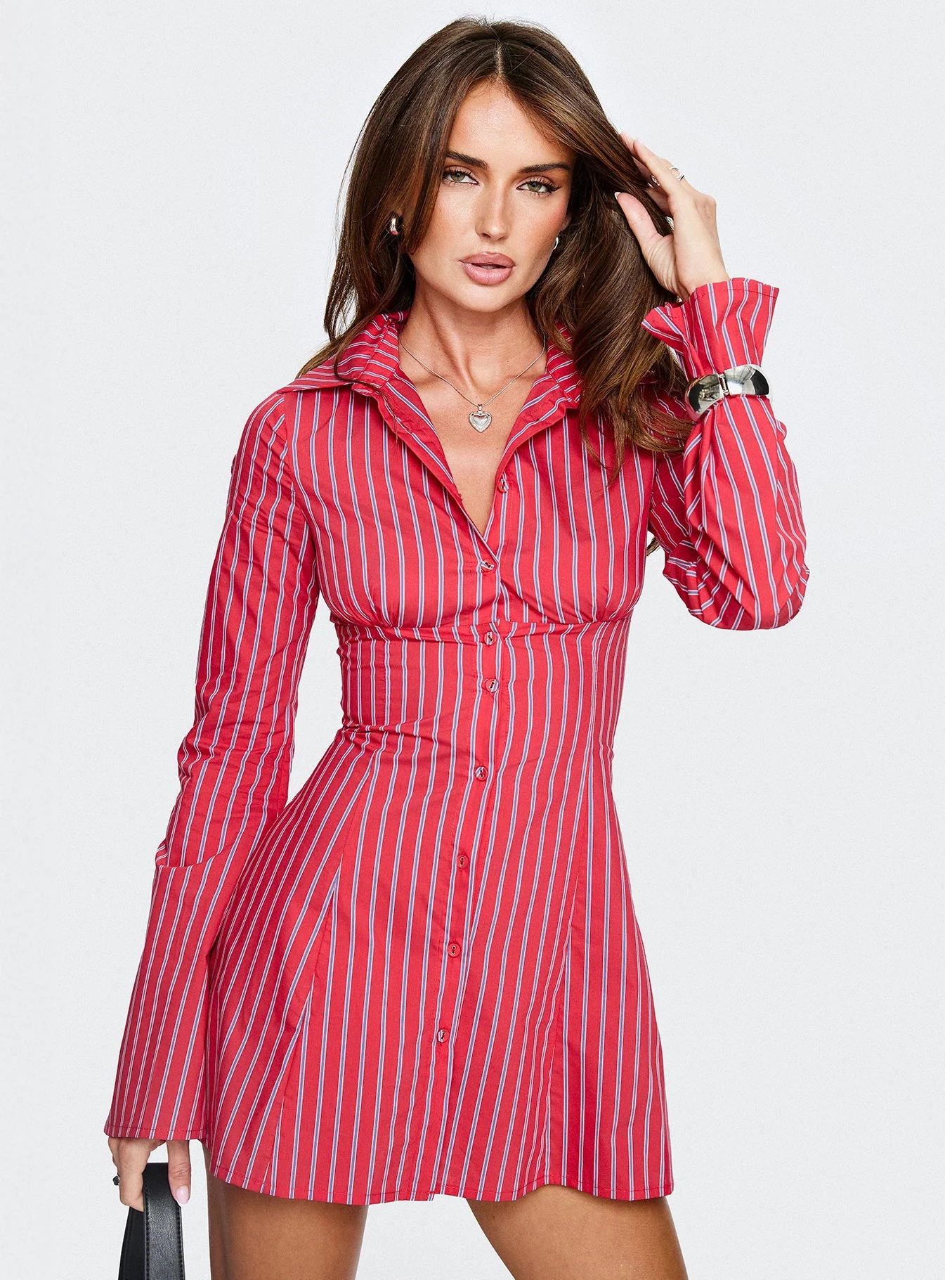 Tawni Long Sleeve Shirt Mini Dress Red Stripe - Image 8