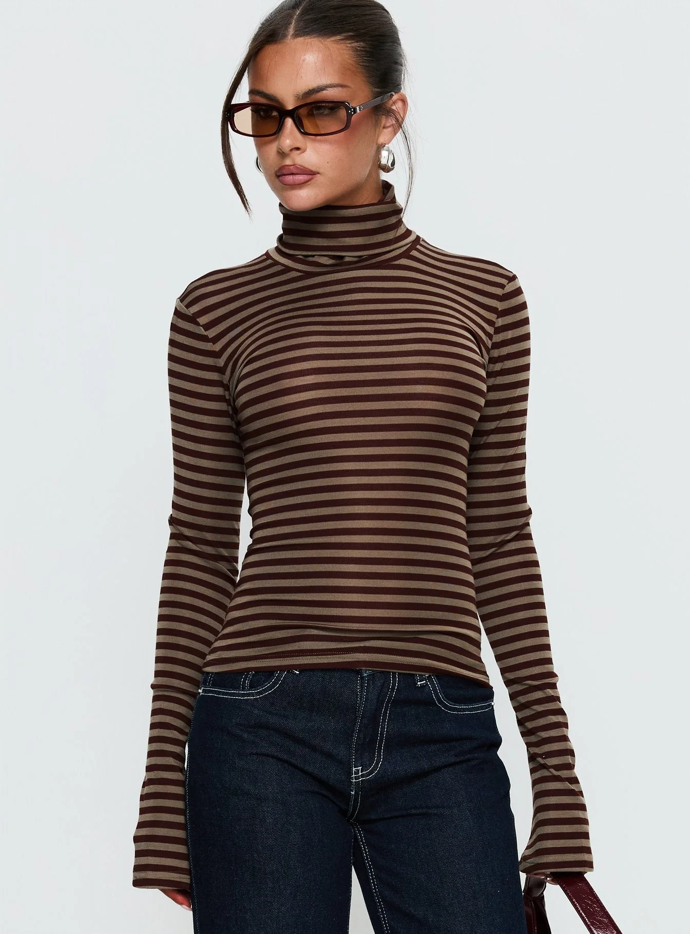 Temika Long Sleeve Backless Top Brown Stripe - Image 2