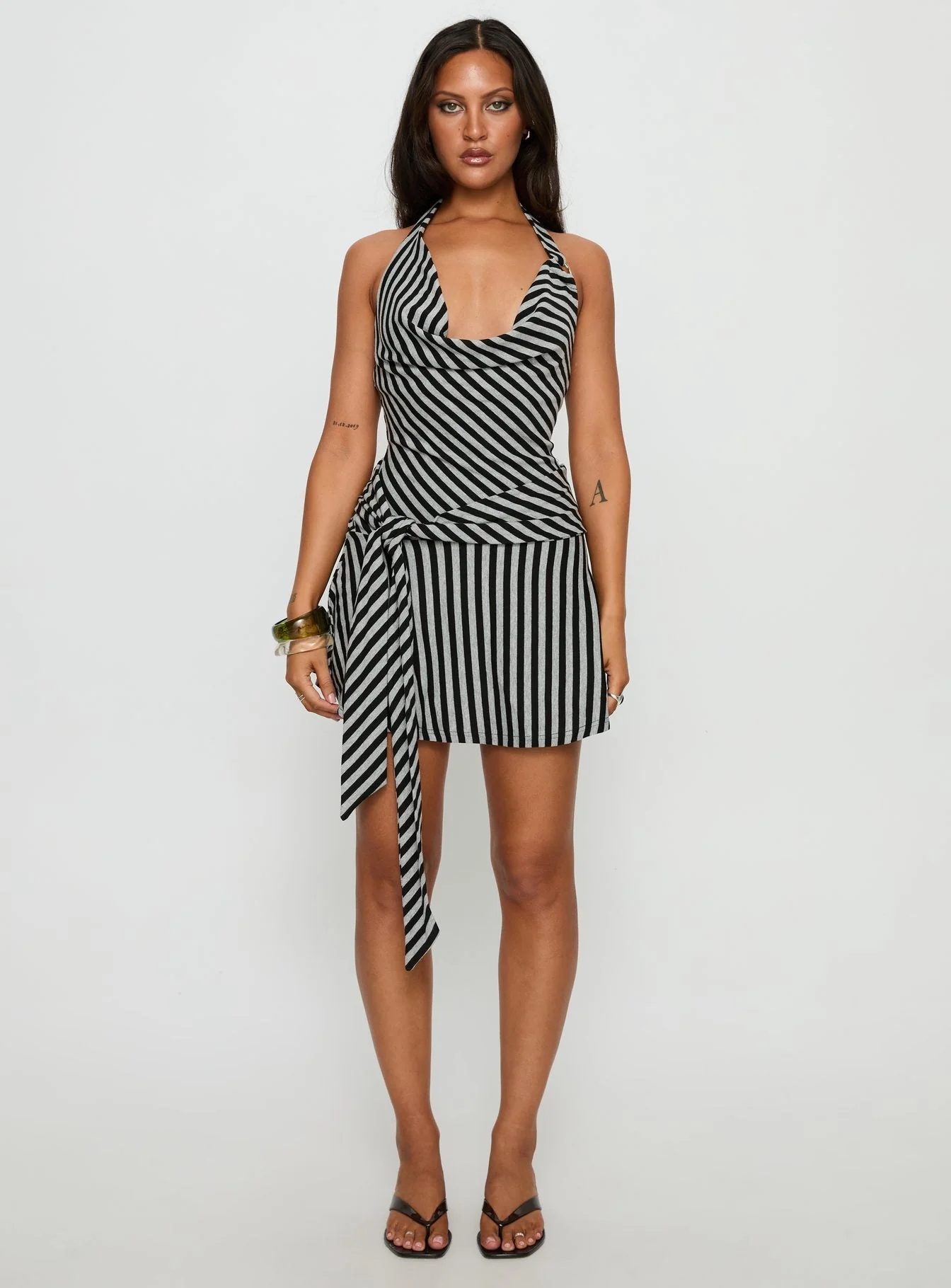 Terika Plunge Neck Halter Mini Dress Grey / Black - Image 7