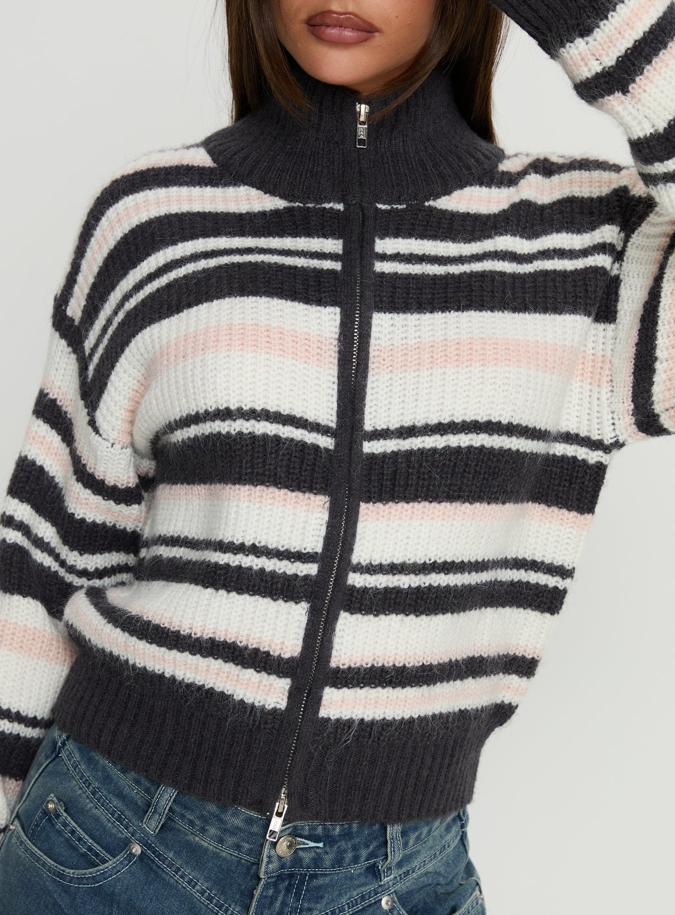Tetra Zip Through Knit Sweater Pink Stripe - Image 5