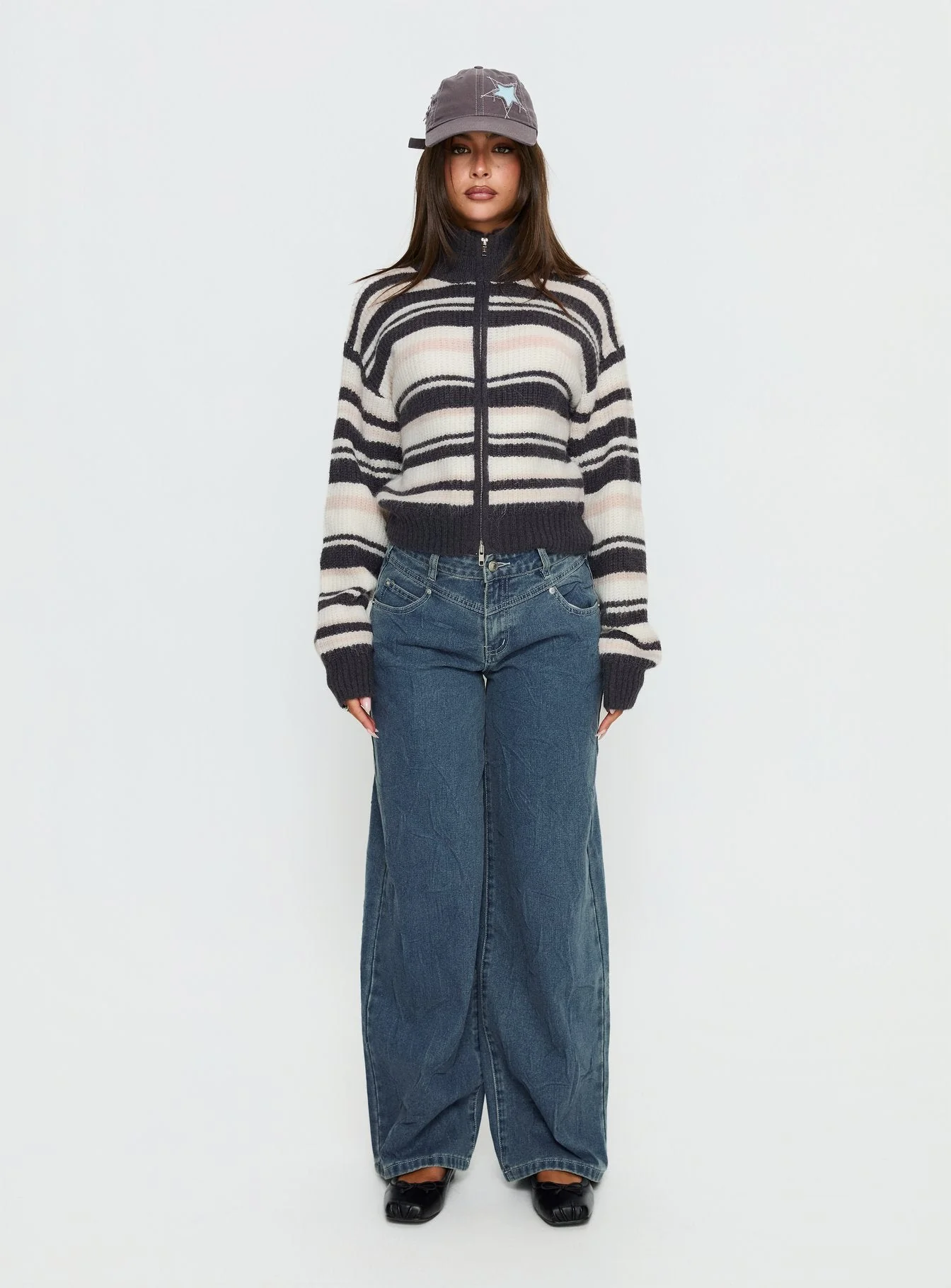 Tetra Zip Through Knit Sweater Pink Stripe - Image 6