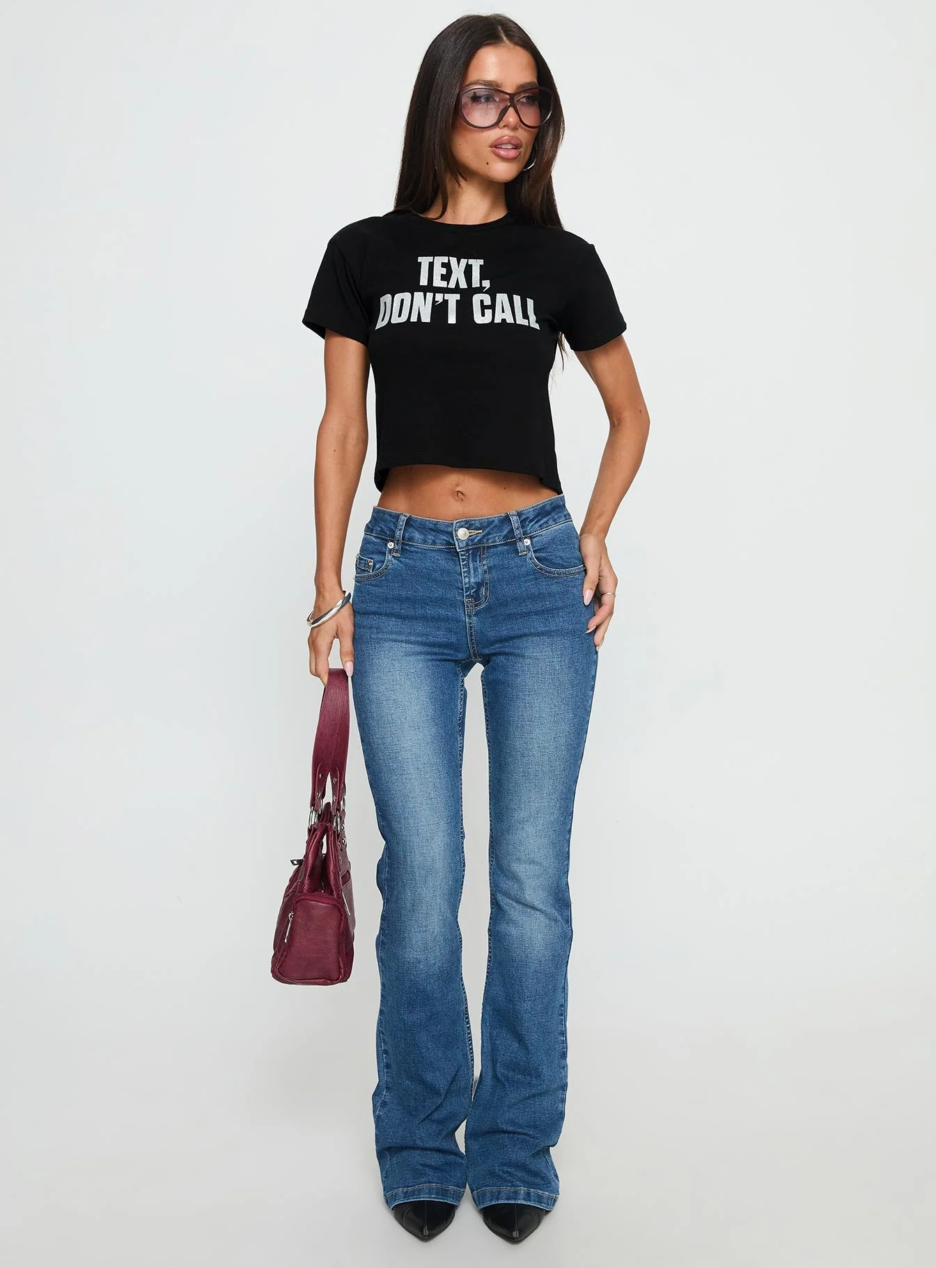 Text, Don't Call Shimmer Graphic Top Black - Image 3