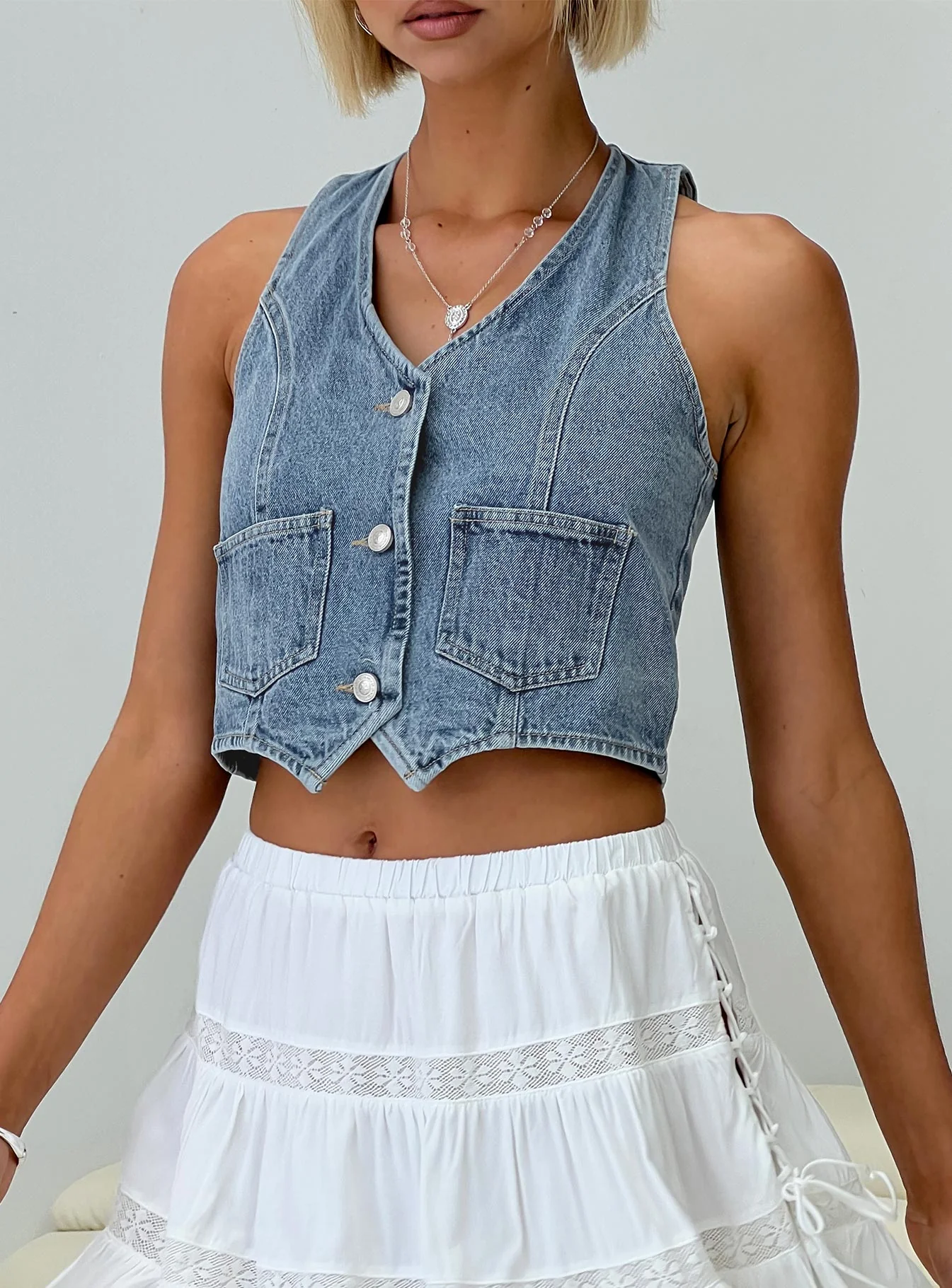 Thayer Denim Vest Top Mid Blue - Image 7