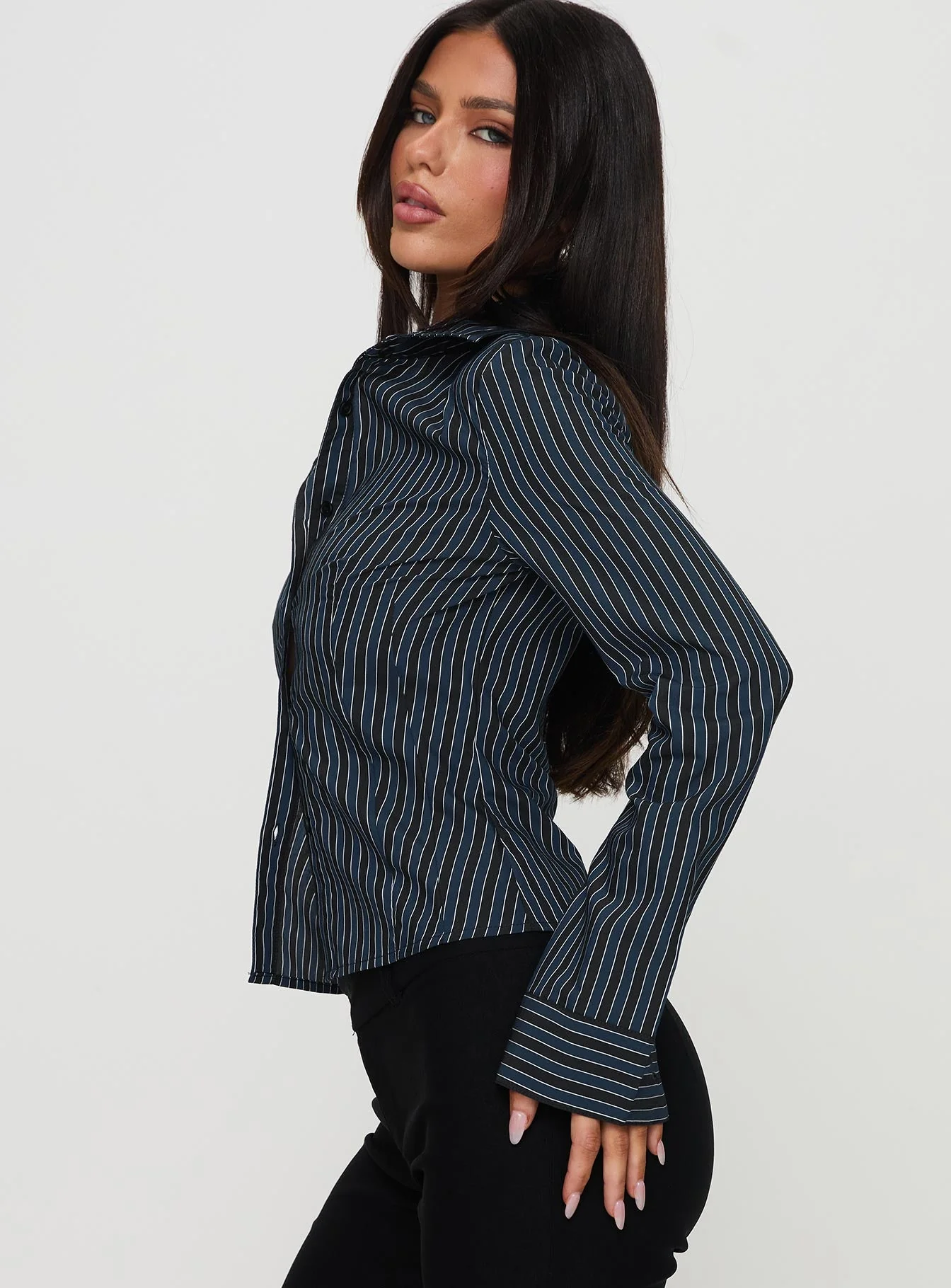 Theroux Long Sleeve Top Navy Pinstripe - Image 4
