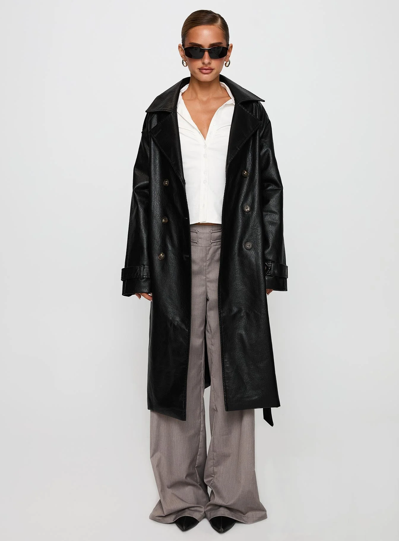 Think Later Faux Leather Trench Coat Black - Image 7