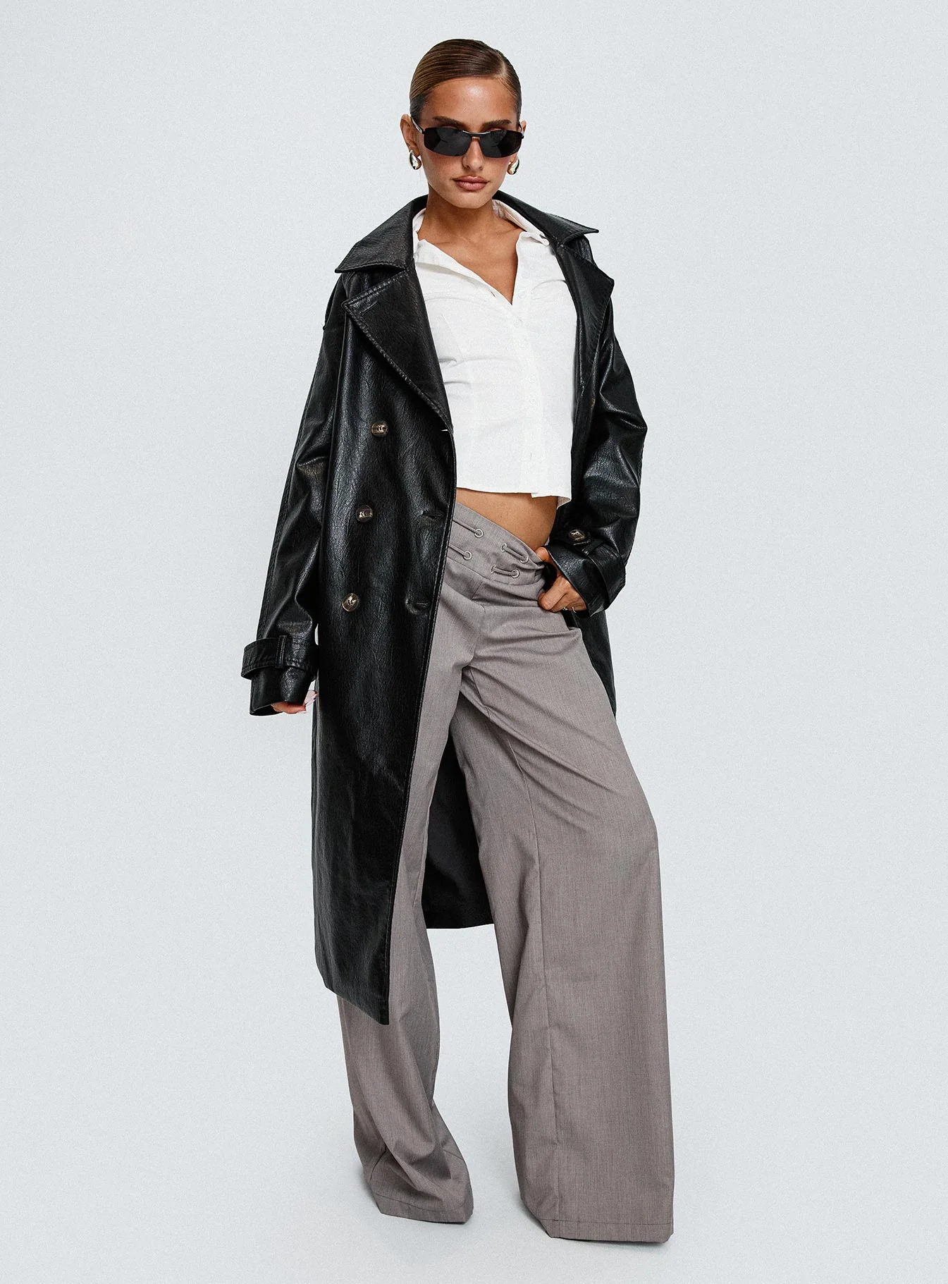 Think Later Faux Leather Trench Coat Black - Image 9