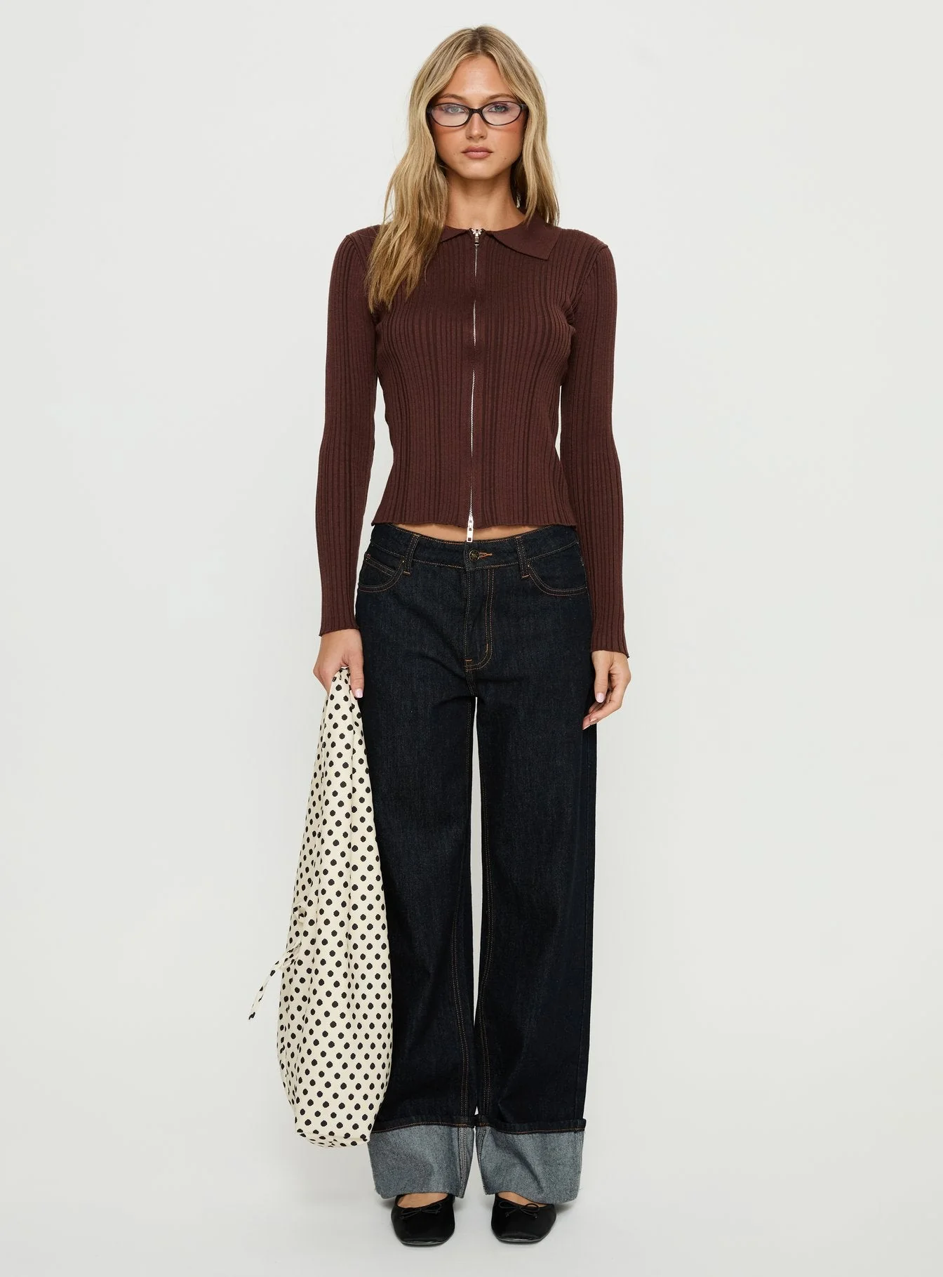 Tiaira Textured Zip Through Collared Long Sleeve Top Brown - Image 6