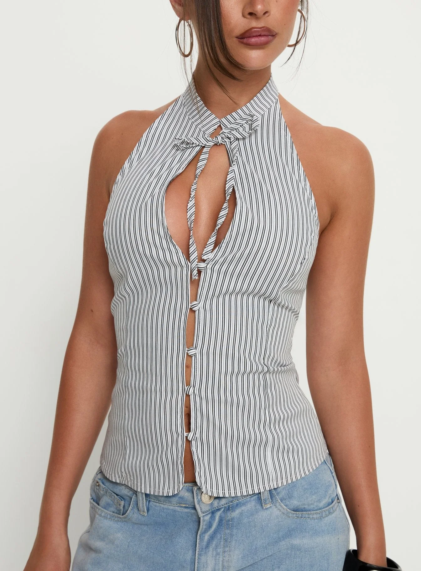 Tiarra Keyhole Sleeveless Top White Stripe - Image 5