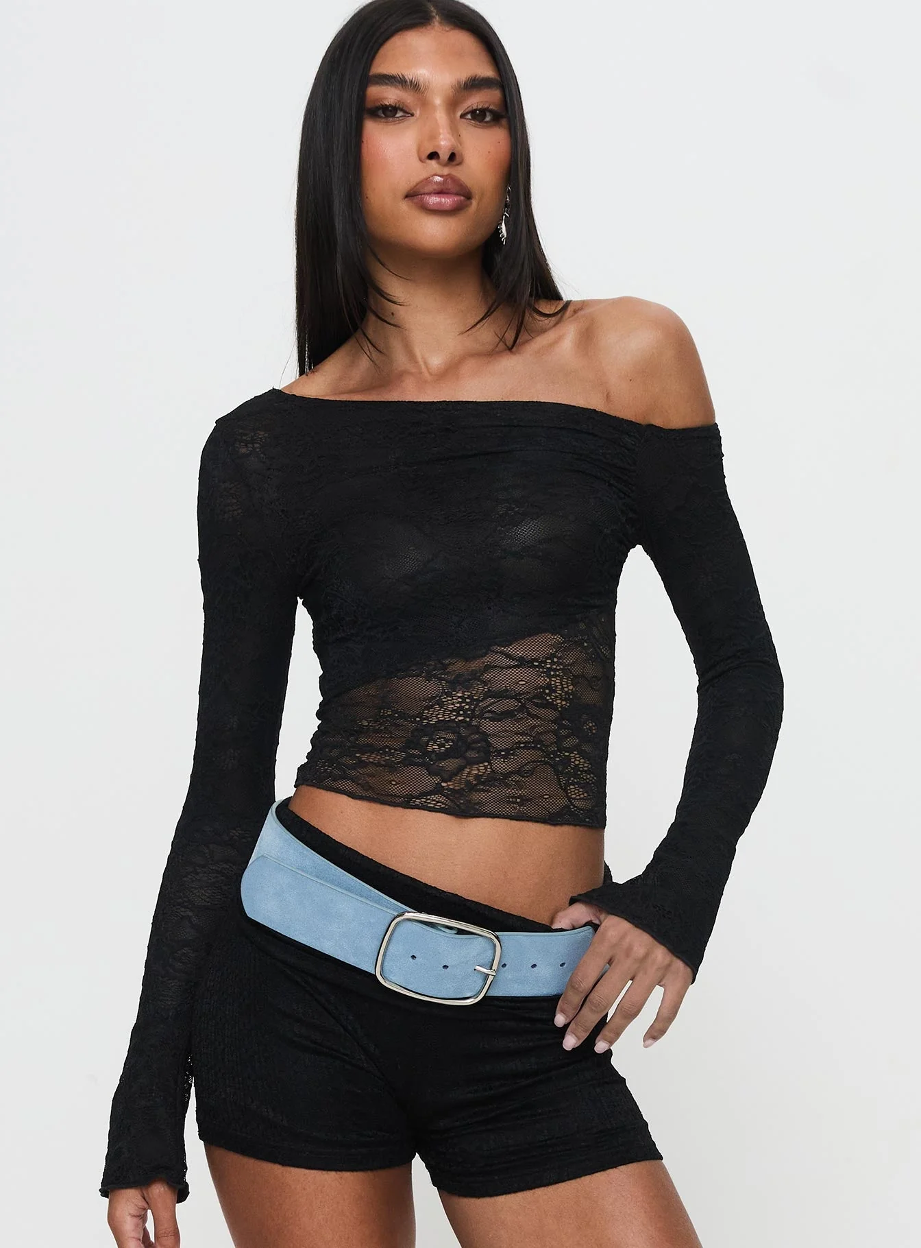 Tiberius Lace Asymmetrical Long Sleeve Top Black - Image 2