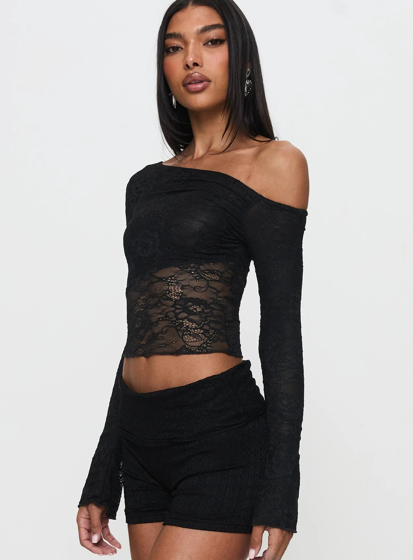 Tiberius Lace Asymmetrical Long Sleeve Top Black - Image 4