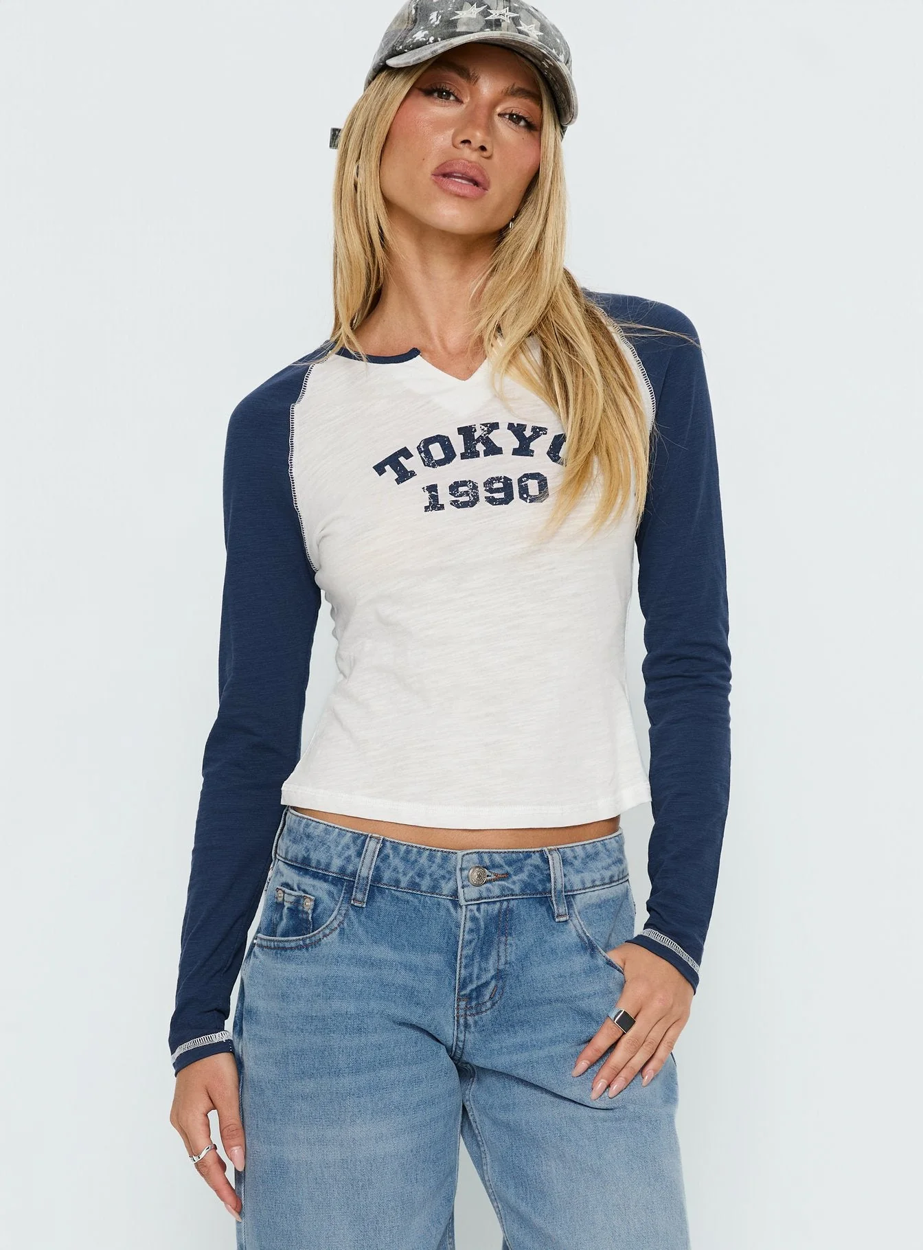 Tokyo 1990 Long Sleeve Raglan Graphic Top White / Blue - Image 2