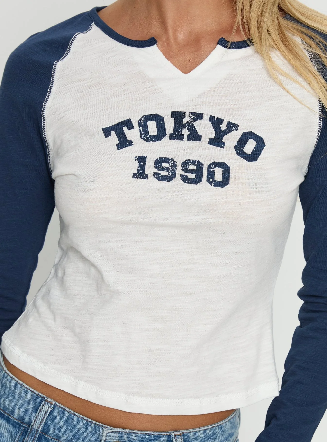 Tokyo 1990 Long Sleeve Raglan Graphic Top White / Blue - Image 6
