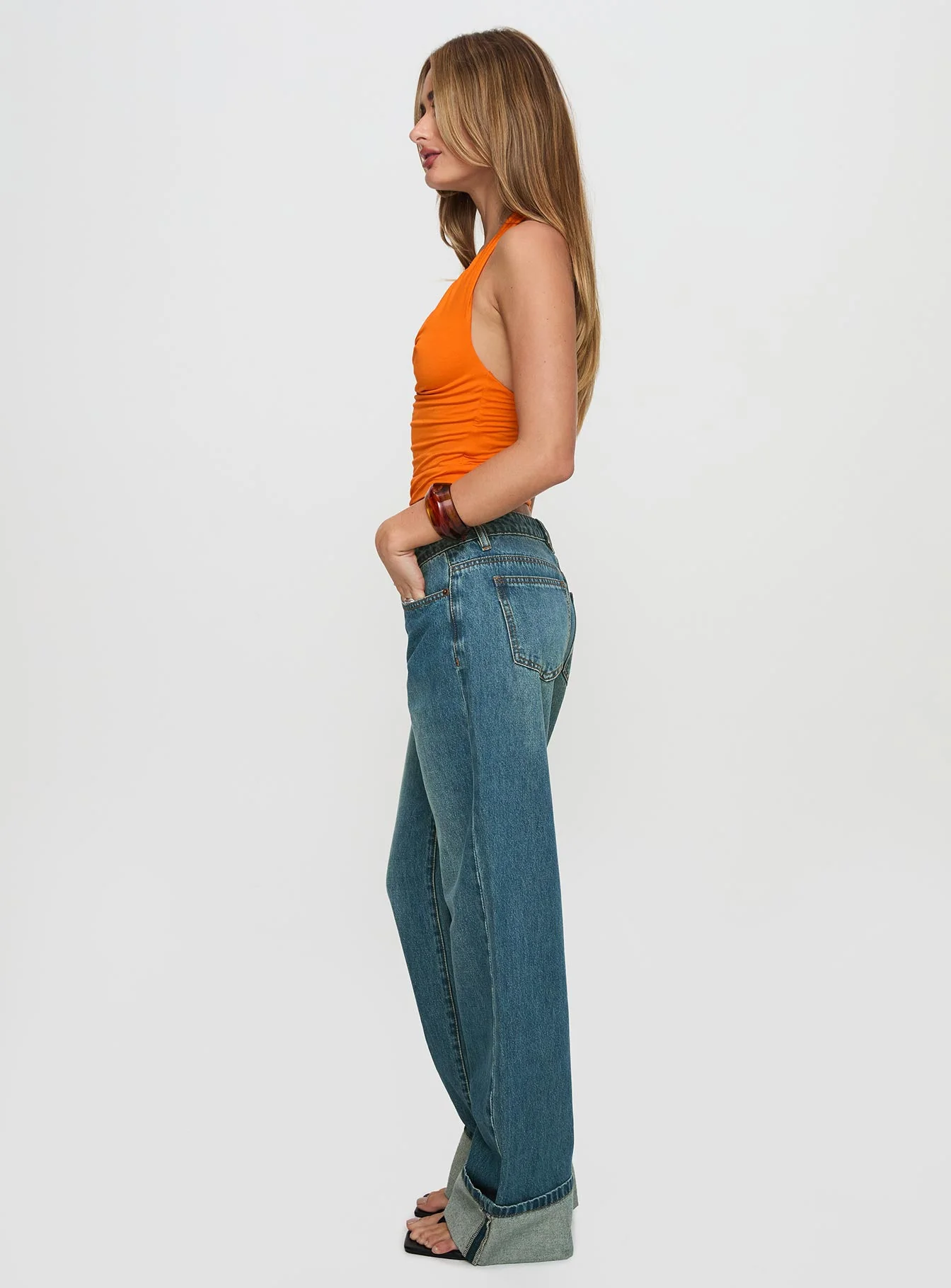 Toros Mid Rise Wide Leg Foldover Denim Jeans Mid Blue - Image 3