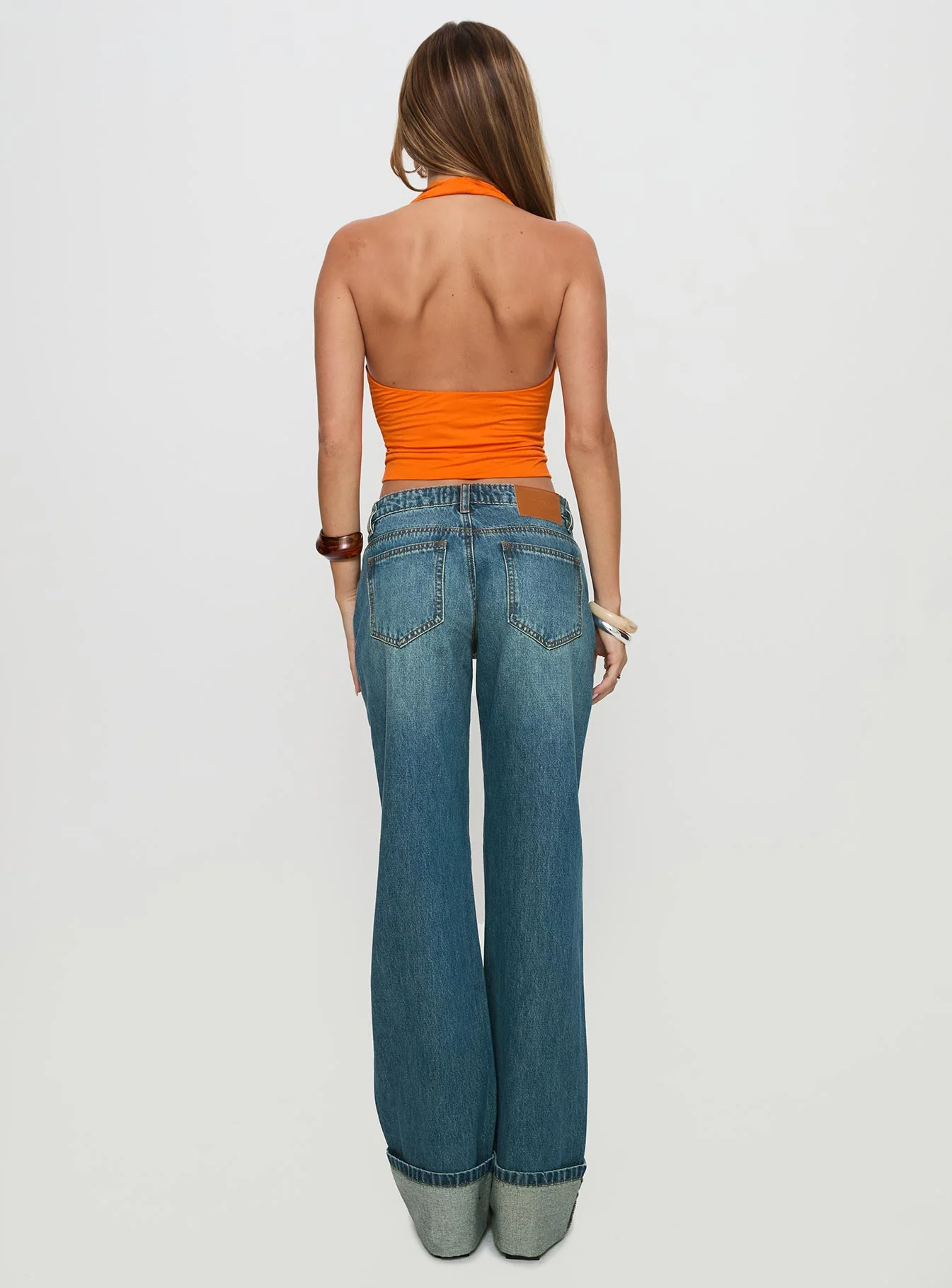 Toros Mid Rise Wide Leg Foldover Denim Jeans Mid Blue - Image 4