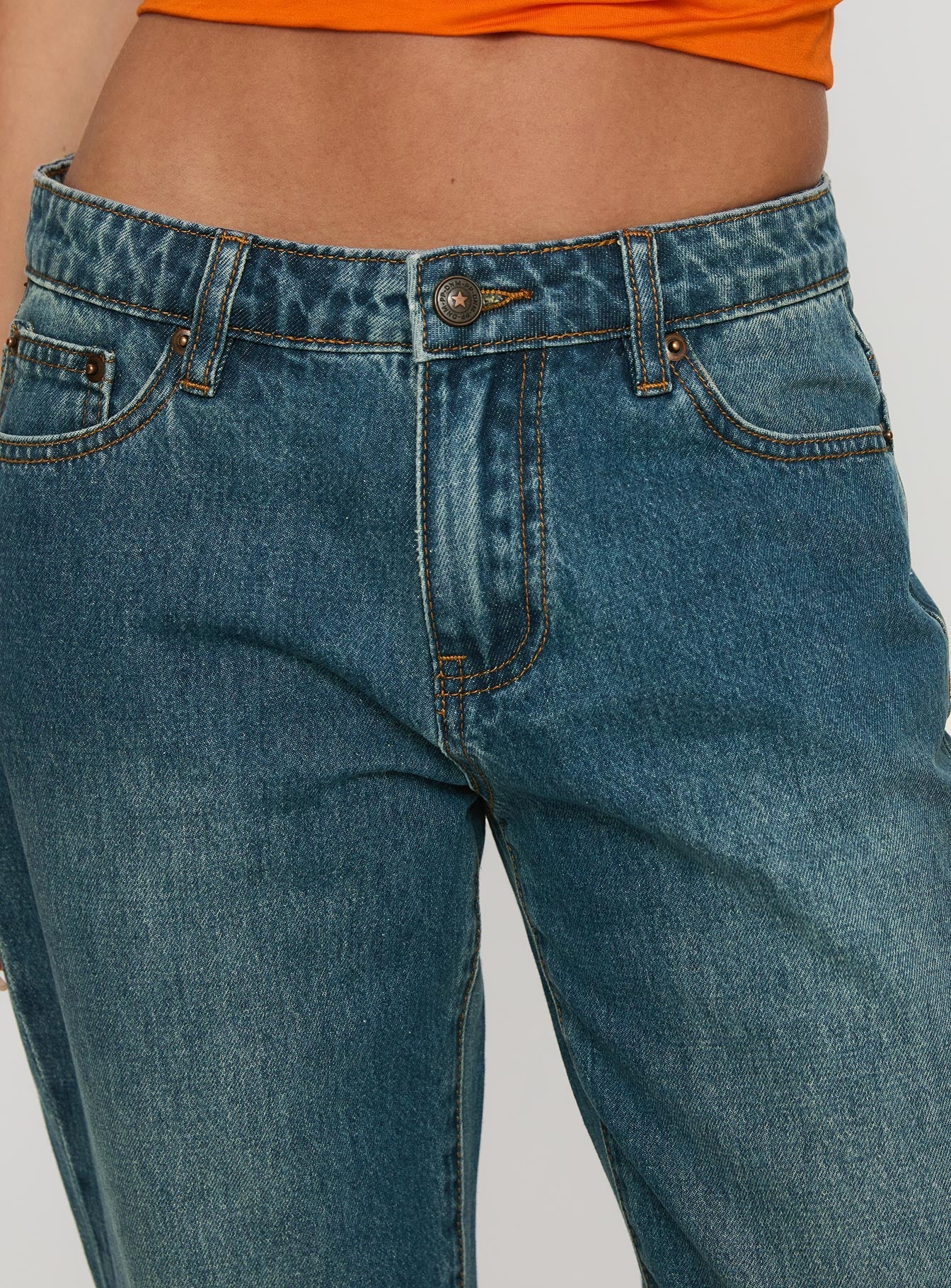 Toros Mid Rise Wide Leg Foldover Denim Jeans Mid Blue - Image 5
