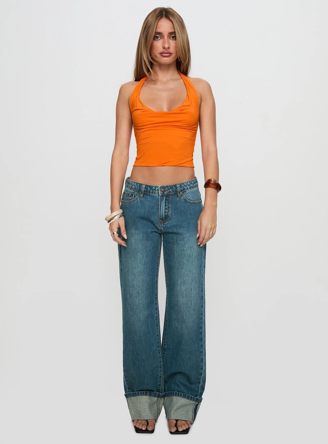 Toros Mid Rise Wide Leg Foldover Denim Jeans Mid Blue - Image 6