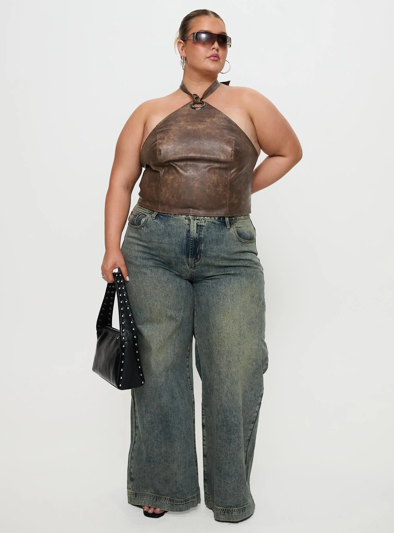 Treat You Better Ring Detail Faux Leather Top Brown Curve - Image 3