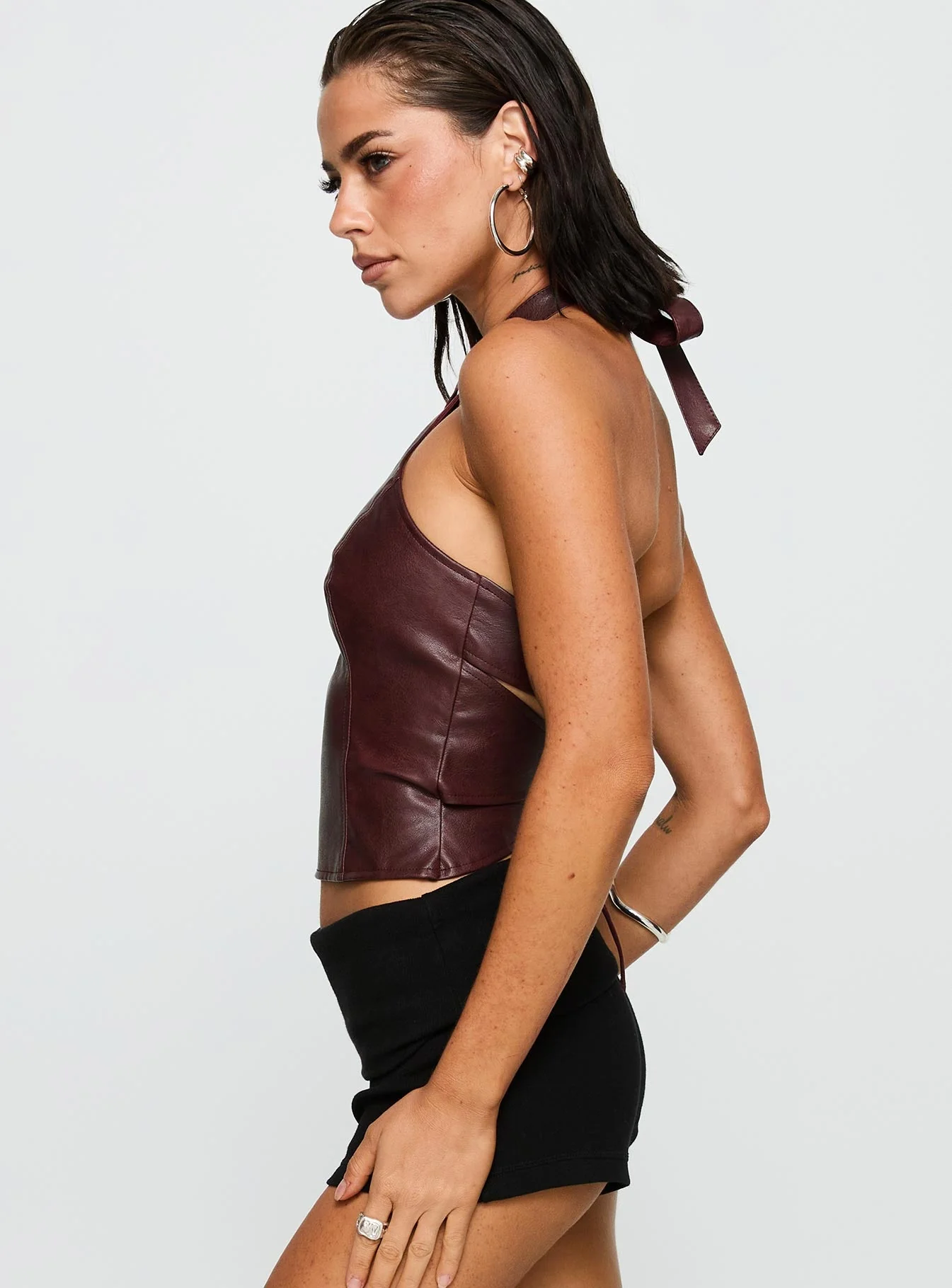 Treat You Better Ring Detail Faux Leather Top Burgundy - Image 4