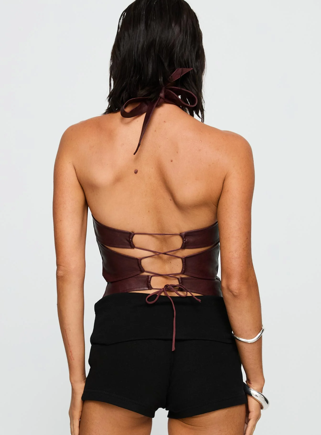 Treat You Better Ring Detail Faux Leather Top Burgundy - Image 5