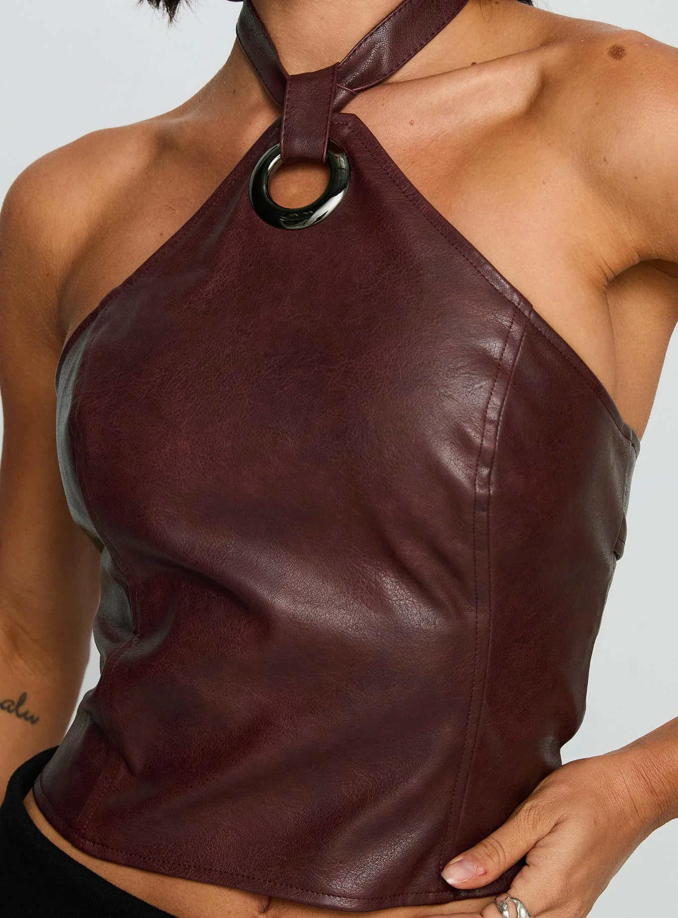 Treat You Better Ring Detail Faux Leather Top Burgundy - Image 6