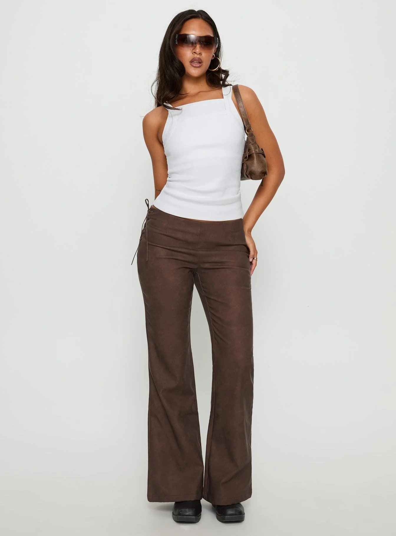 Trickrider Tie Side Faux Leather Pants Chocolate - Image 3