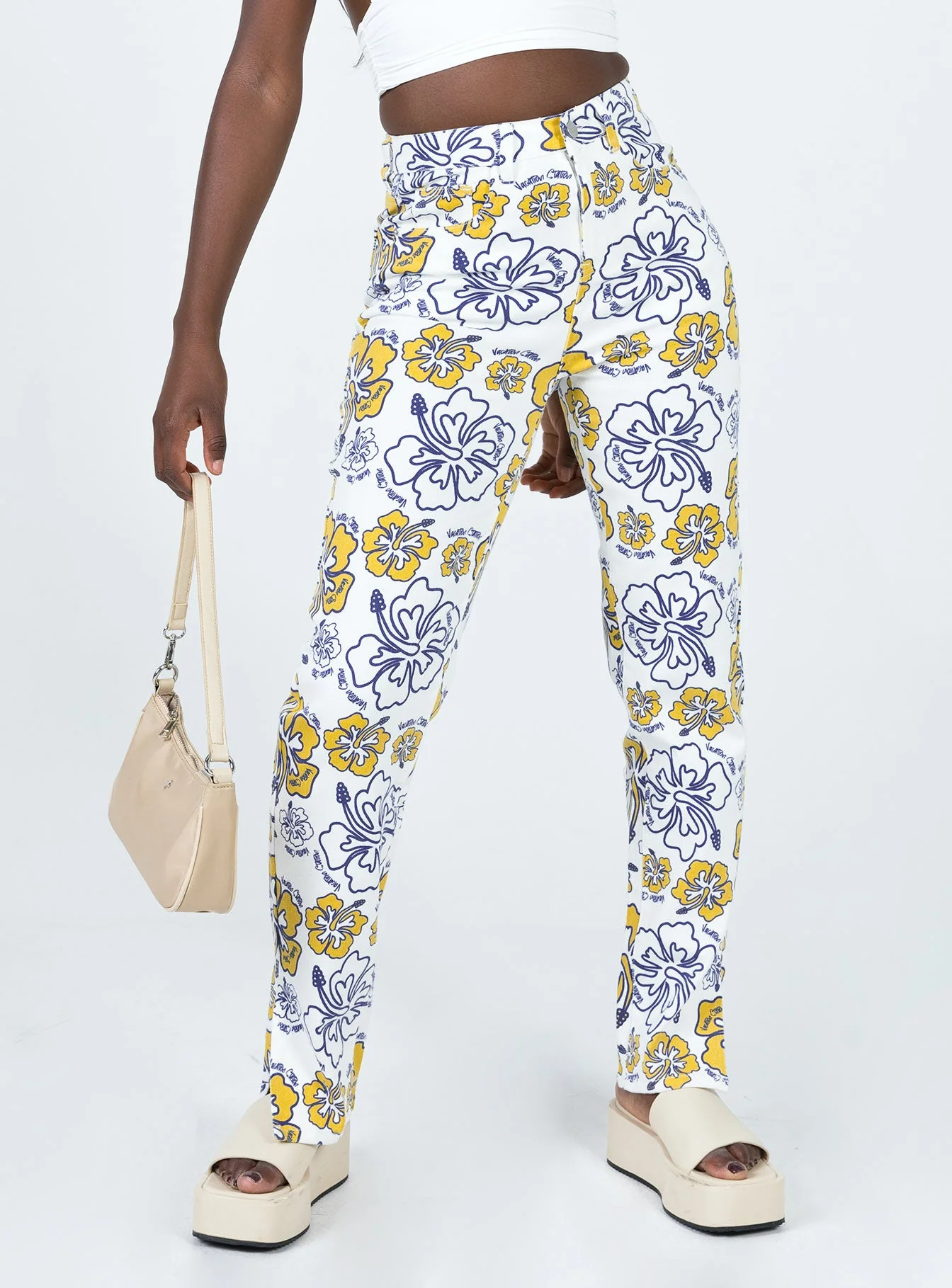 Tropical Dreams High Rise Straight Leg Denim Jeans Off White