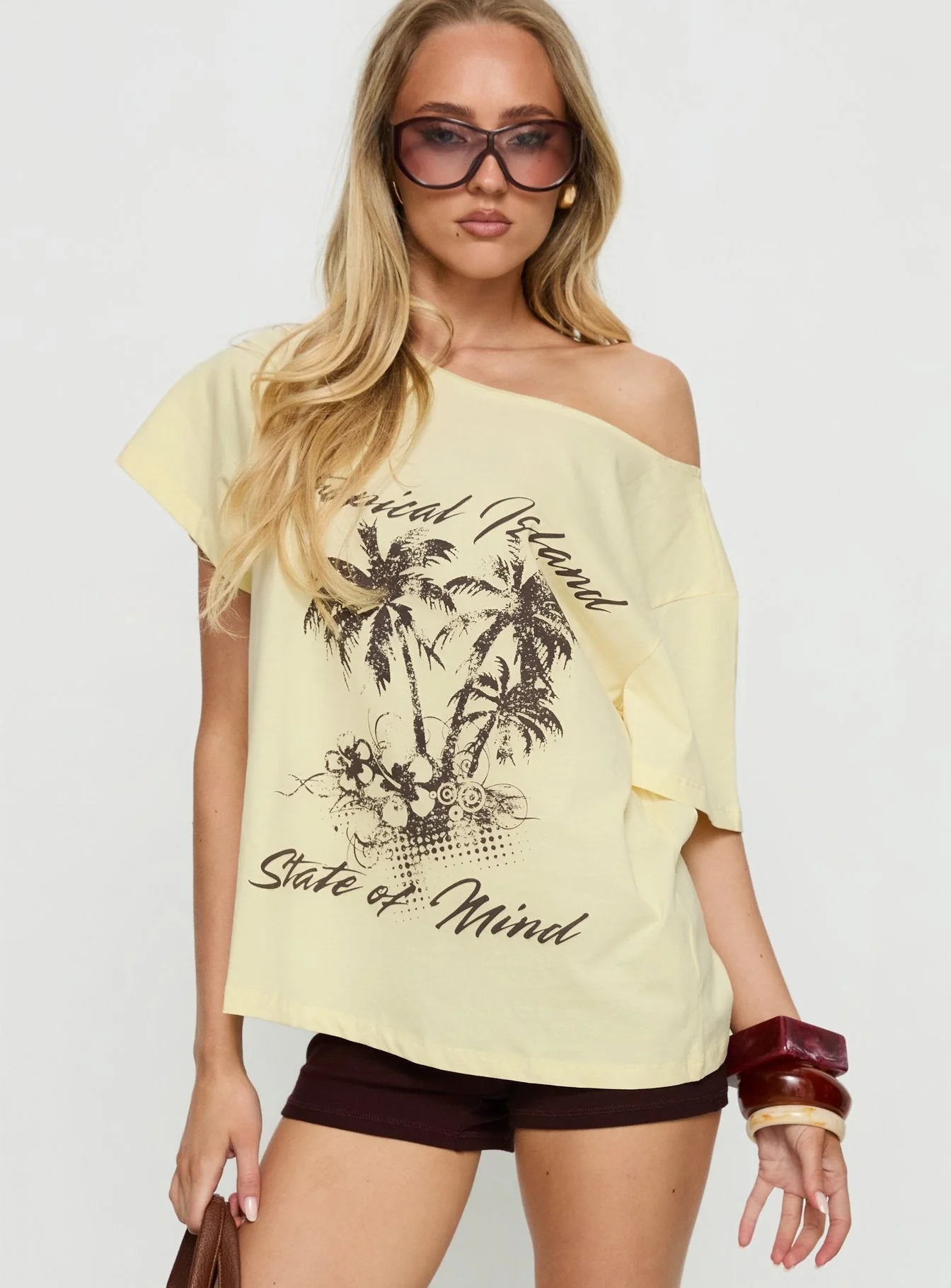 Tropical Islands Off Shoulder Graphic Tee Yellow - Image 2