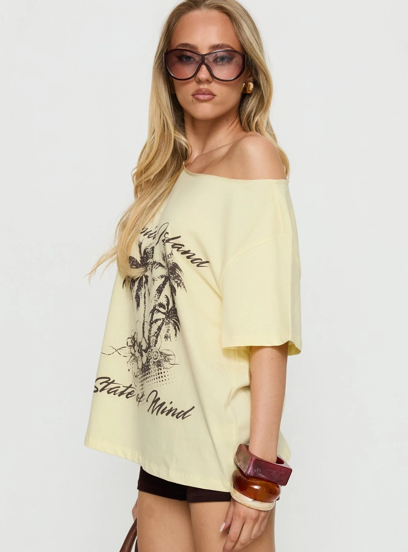Tropical Islands Off Shoulder Graphic Tee Yellow - Image 4