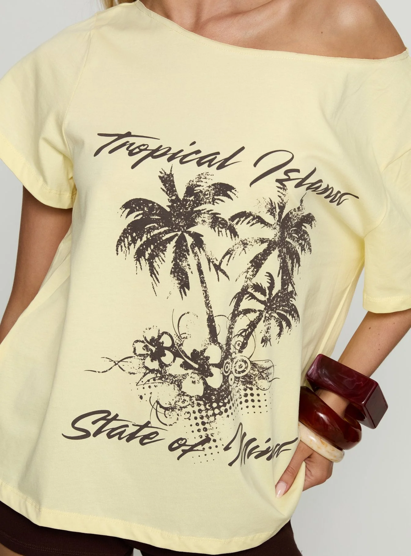 Tropical Islands Off Shoulder Graphic Tee Yellow - Image 6