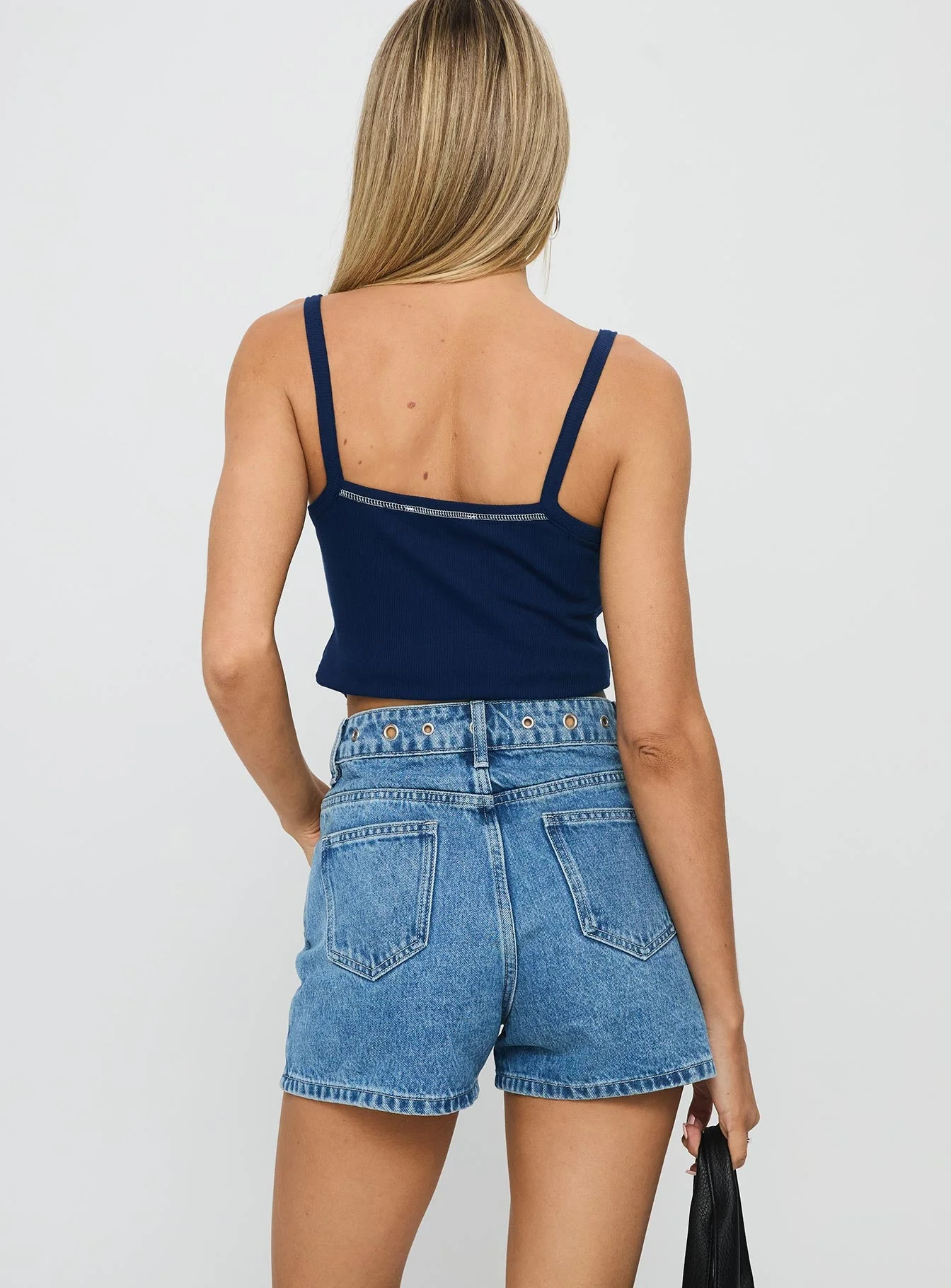 Tropicana Denim Eyelet Detail Shorts Mid Blue - Image 5
