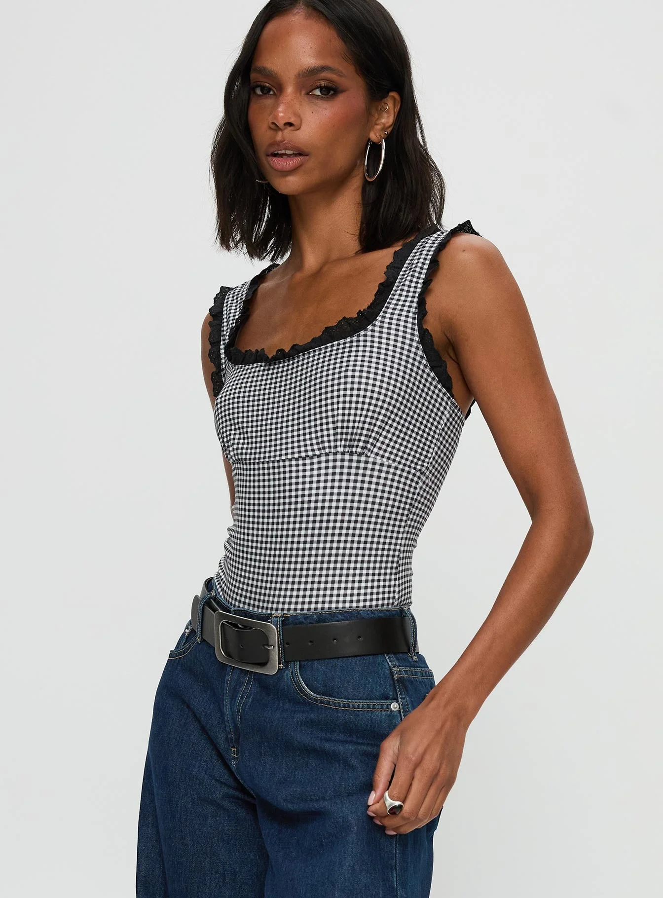 Trustfund Lace Trim Bodysuit Black / White Check - Image 3