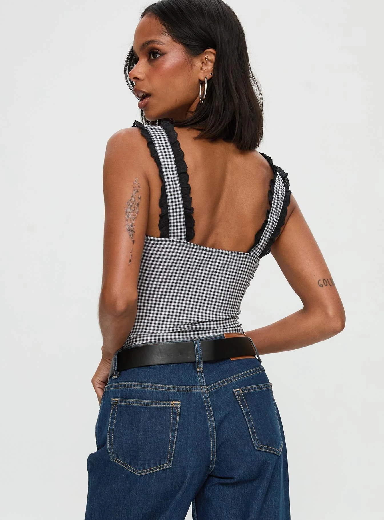 Trustfund Lace Trim Bodysuit Black / White Check - Image 4