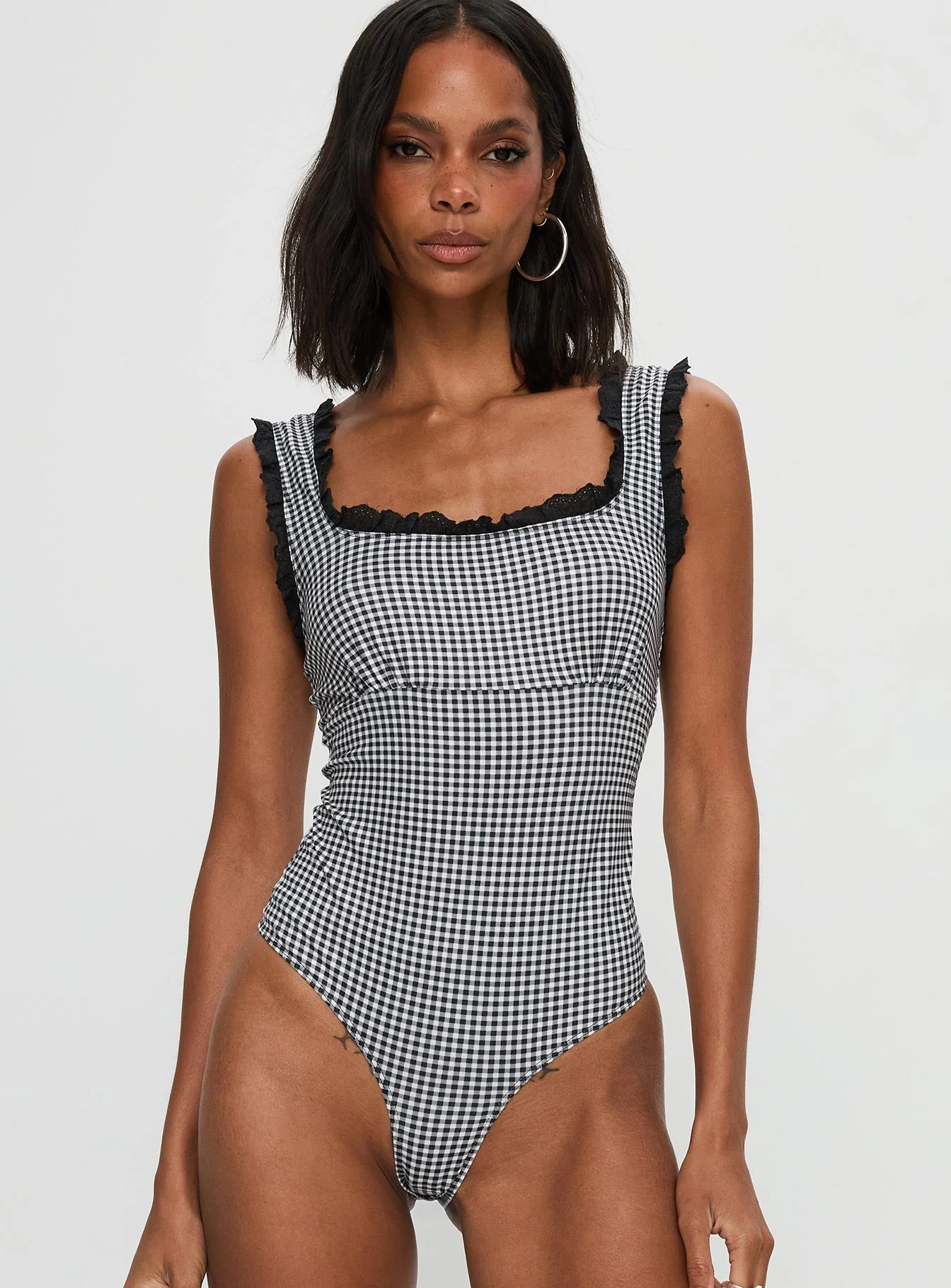 Trustfund Lace Trim Bodysuit Black / White Check - Image 7