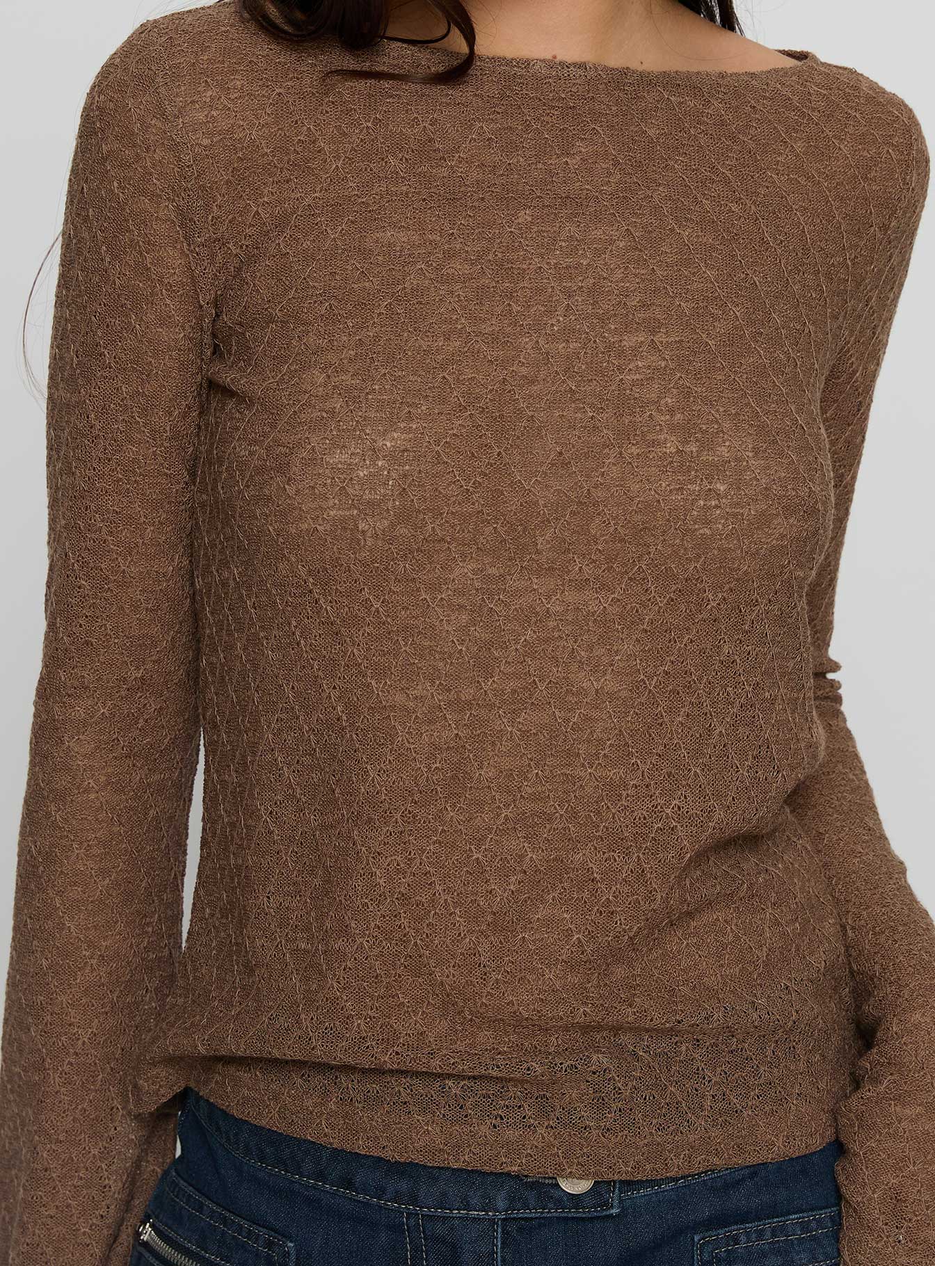 Tuppence Textured Long Sleeve Top Brown - Image 6