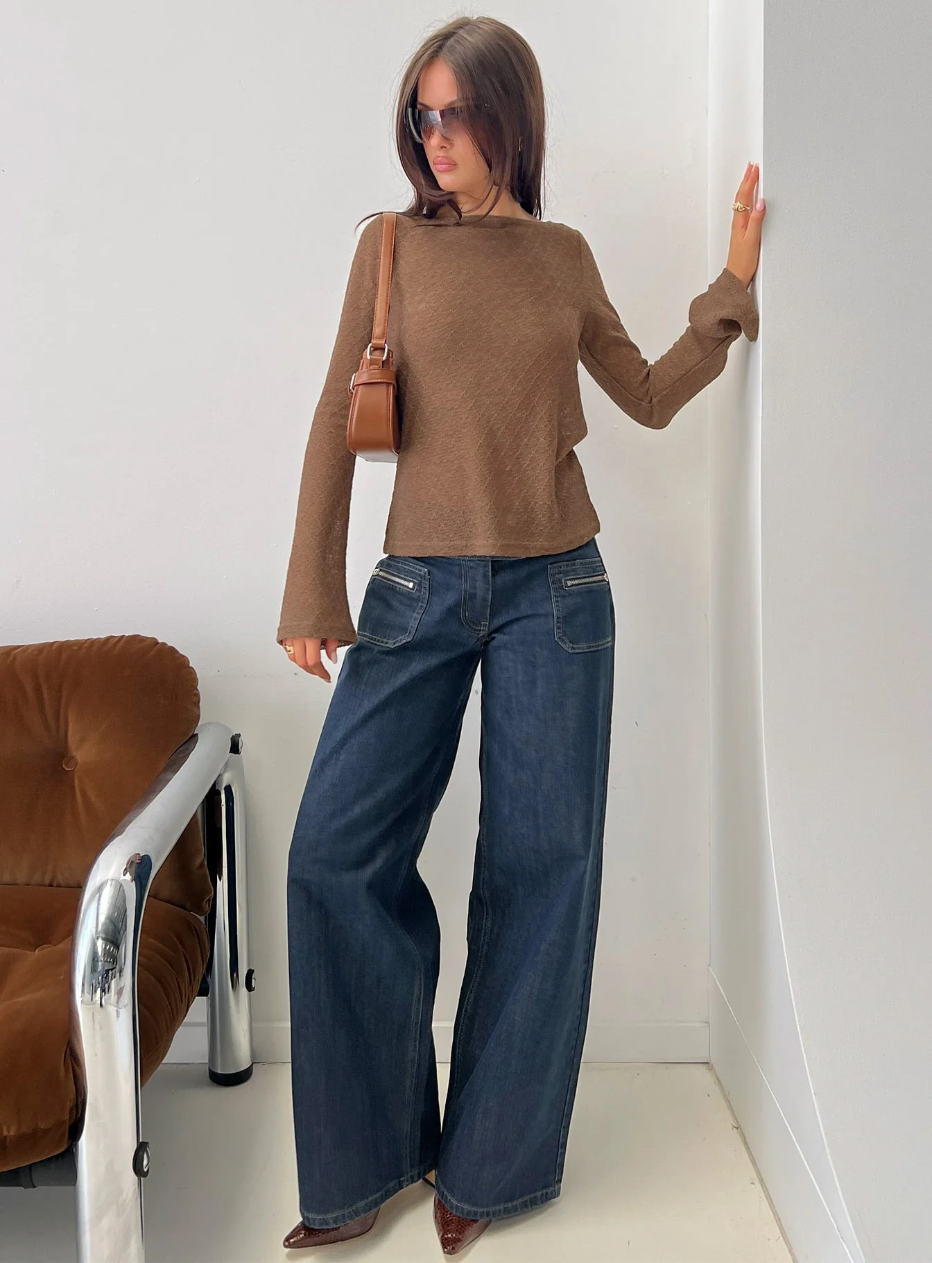 Tuppence Textured Long Sleeve Top Brown - Image 8